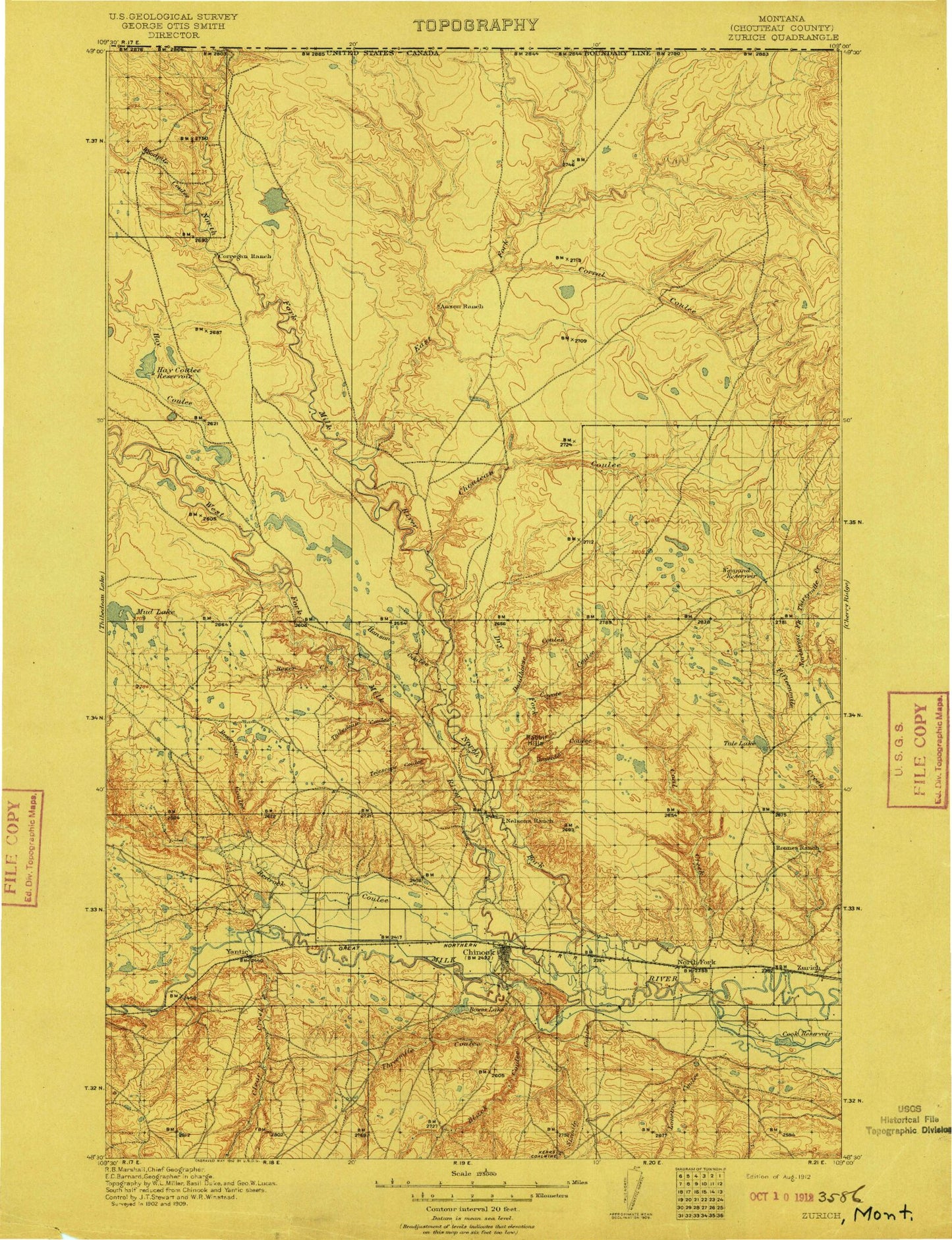 Historic 1912 Zurich Montana 30'x30' Topo Map Image