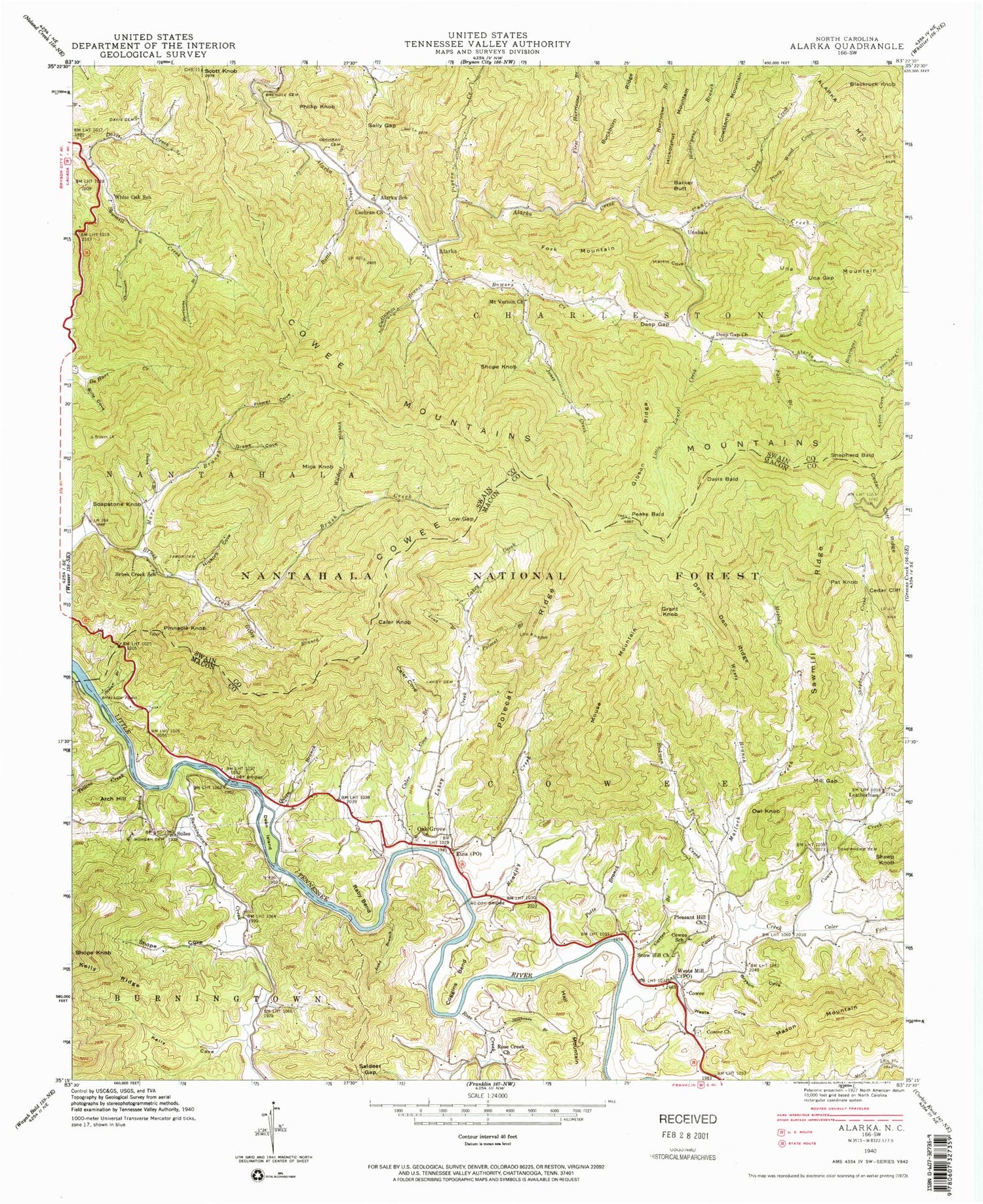 Classic USGS Alarka North Carolina 7.5'x7.5' Topo Map Image