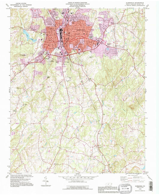 Classic USGS Albemarle North Carolina 7.5'x7.5' Topo Map Image