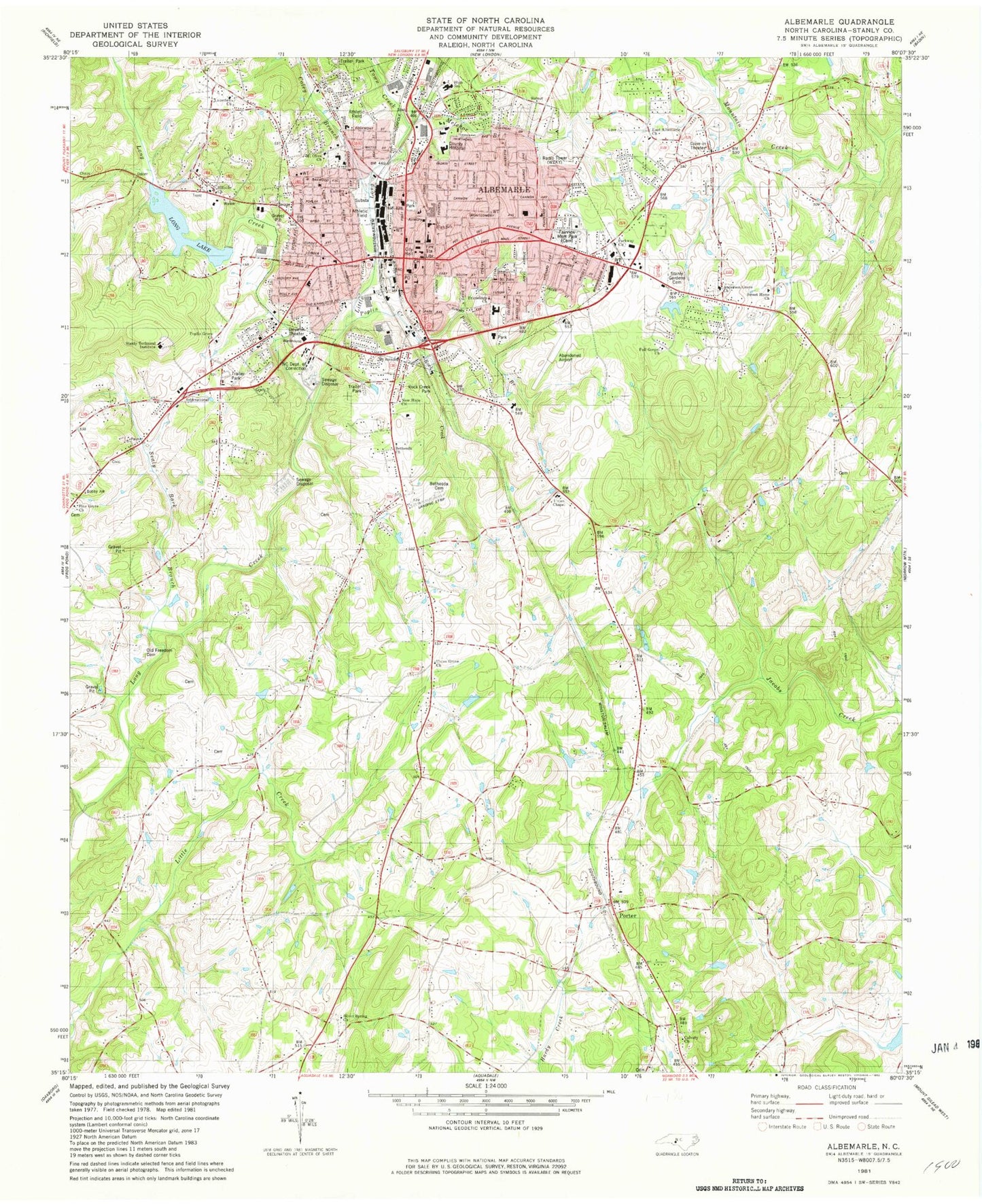 Classic USGS Albemarle North Carolina 7.5'x7.5' Topo Map Image
