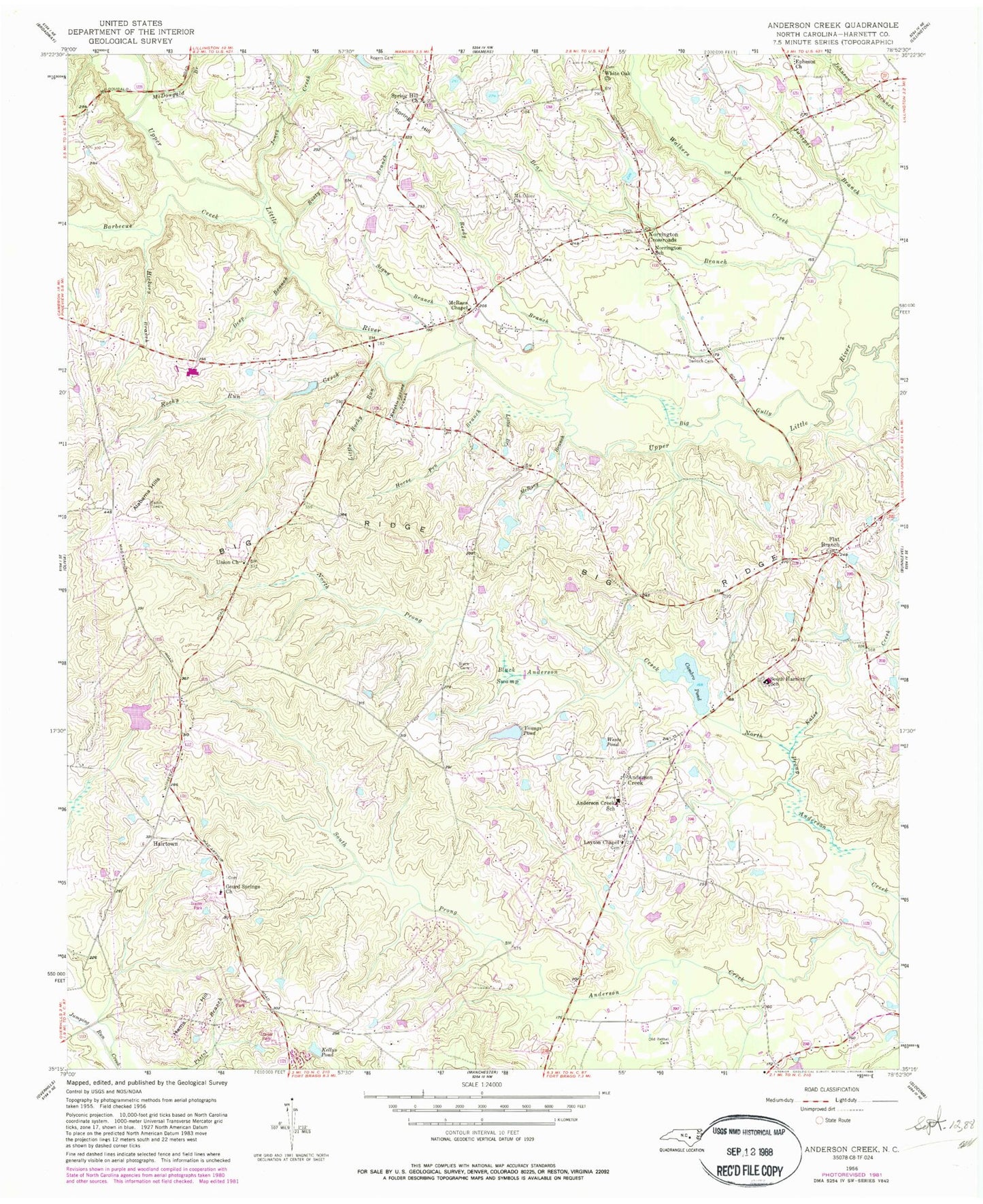 Classic USGS Anderson Creek North Carolina 7.5'x7.5' Topo Map Image