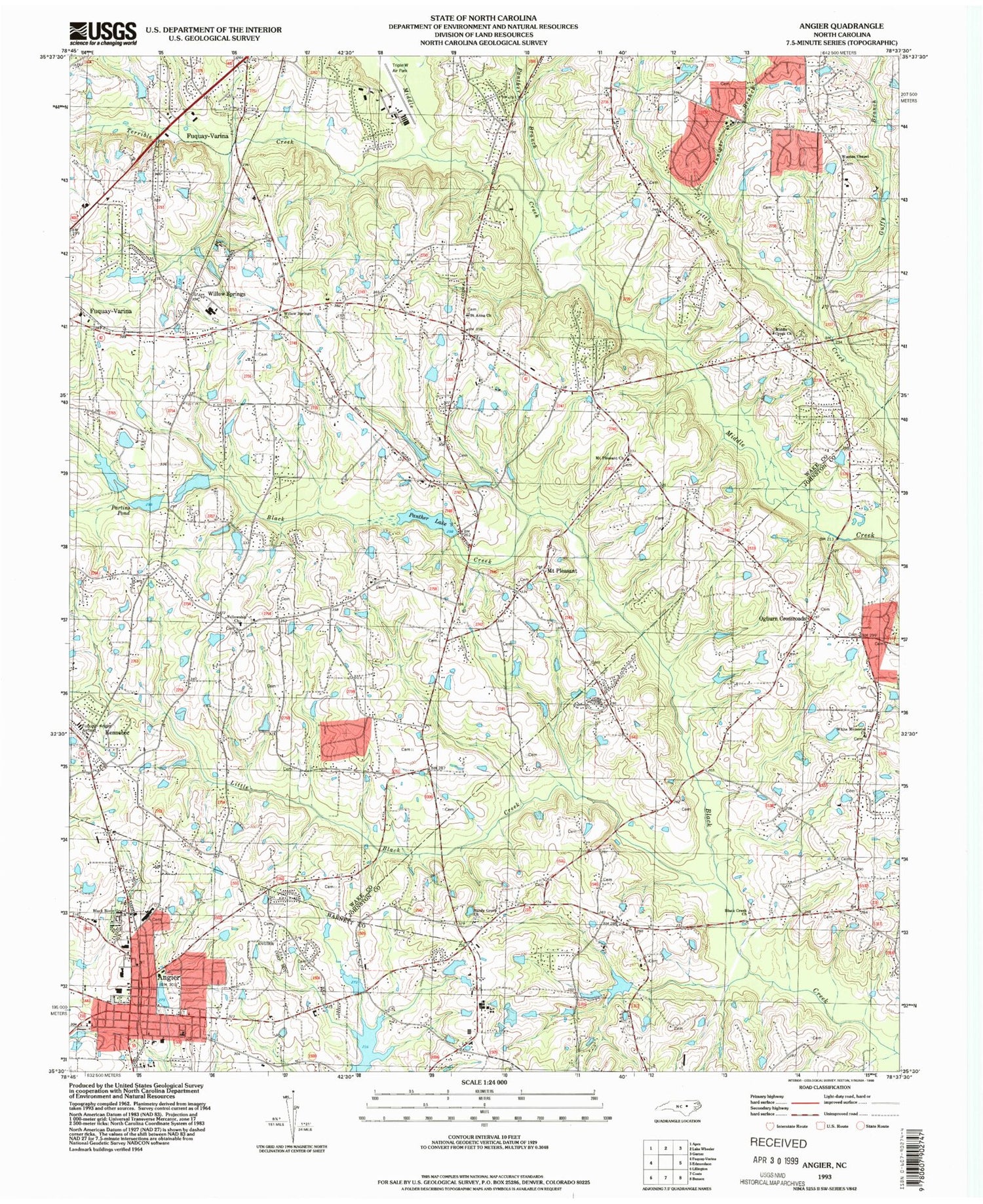 Classic USGS Angier North Carolina 7.5'x7.5' Topo Map Image