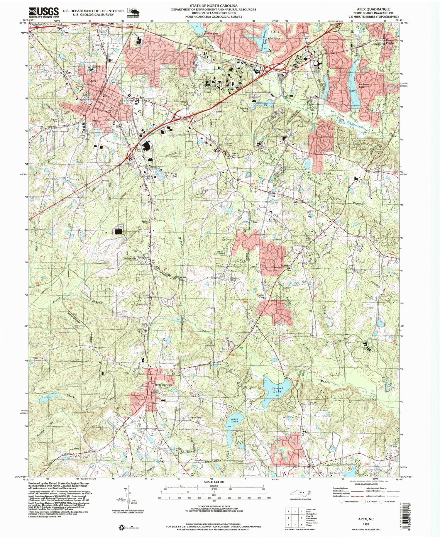 Classic USGS Apex North Carolina 7.5'x7.5' Topo Map Image