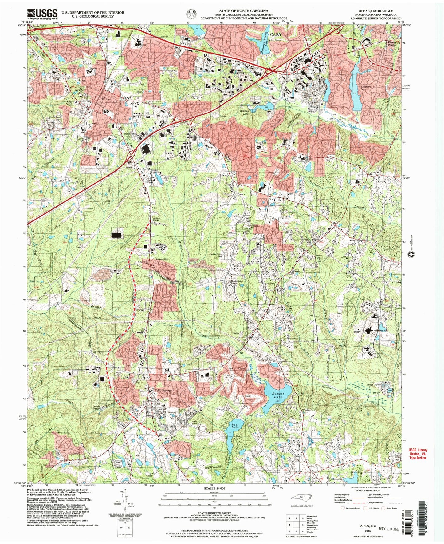 Classic USGS Apex North Carolina 7.5'x7.5' Topo Map Image