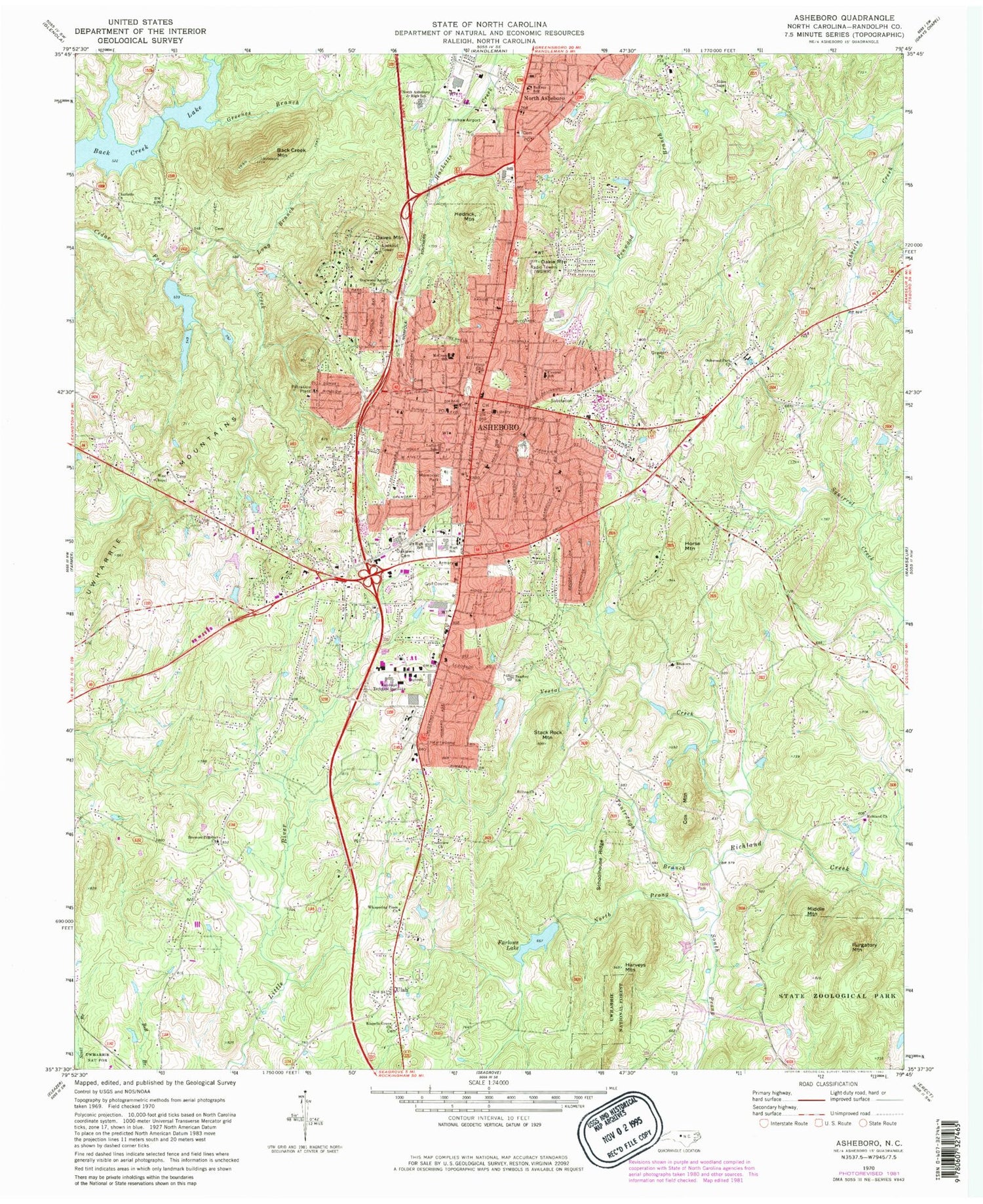 Classic USGS Asheboro North Carolina 7.5'x7.5' Topo Map Image