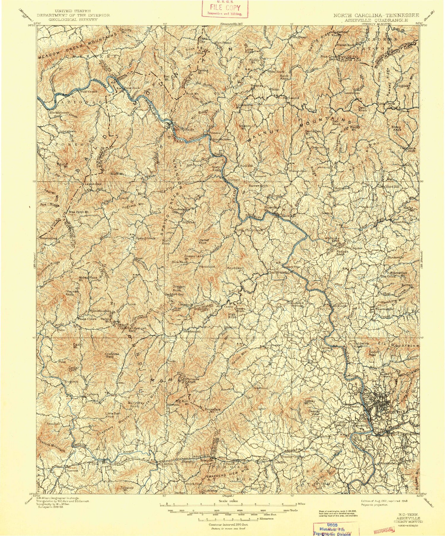 Historic 1901 Asheville North Carolina 30'x30' Topo Map Image