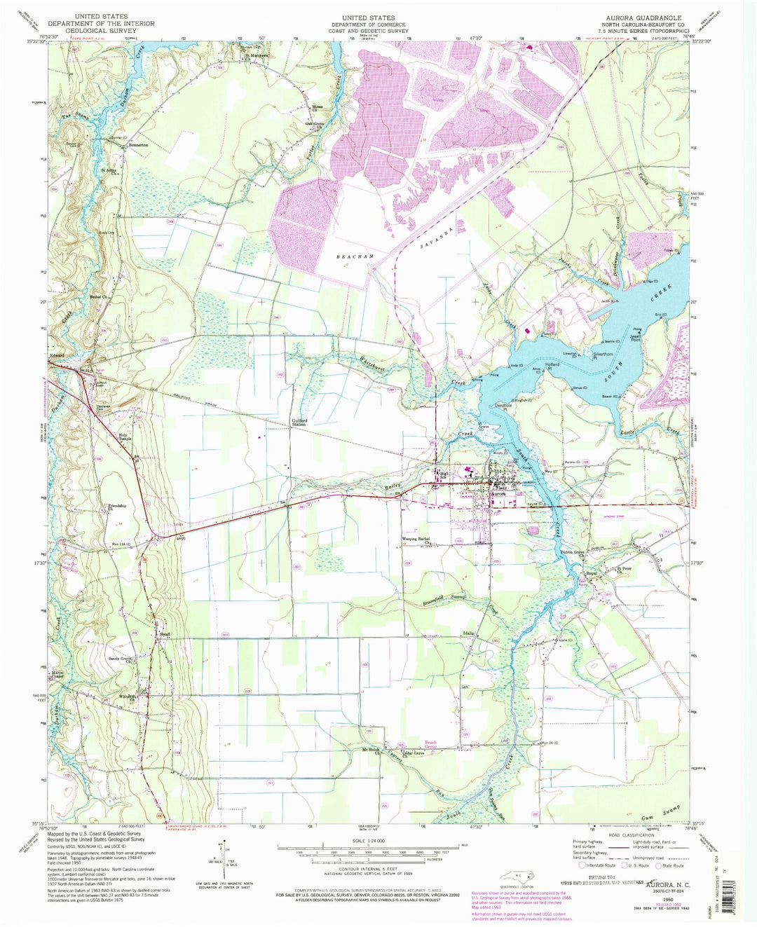 Classic USGS Aurora North Carolina 7.5'x7.5' Topo Map – MyTopo Map Store, image size:1080x1323