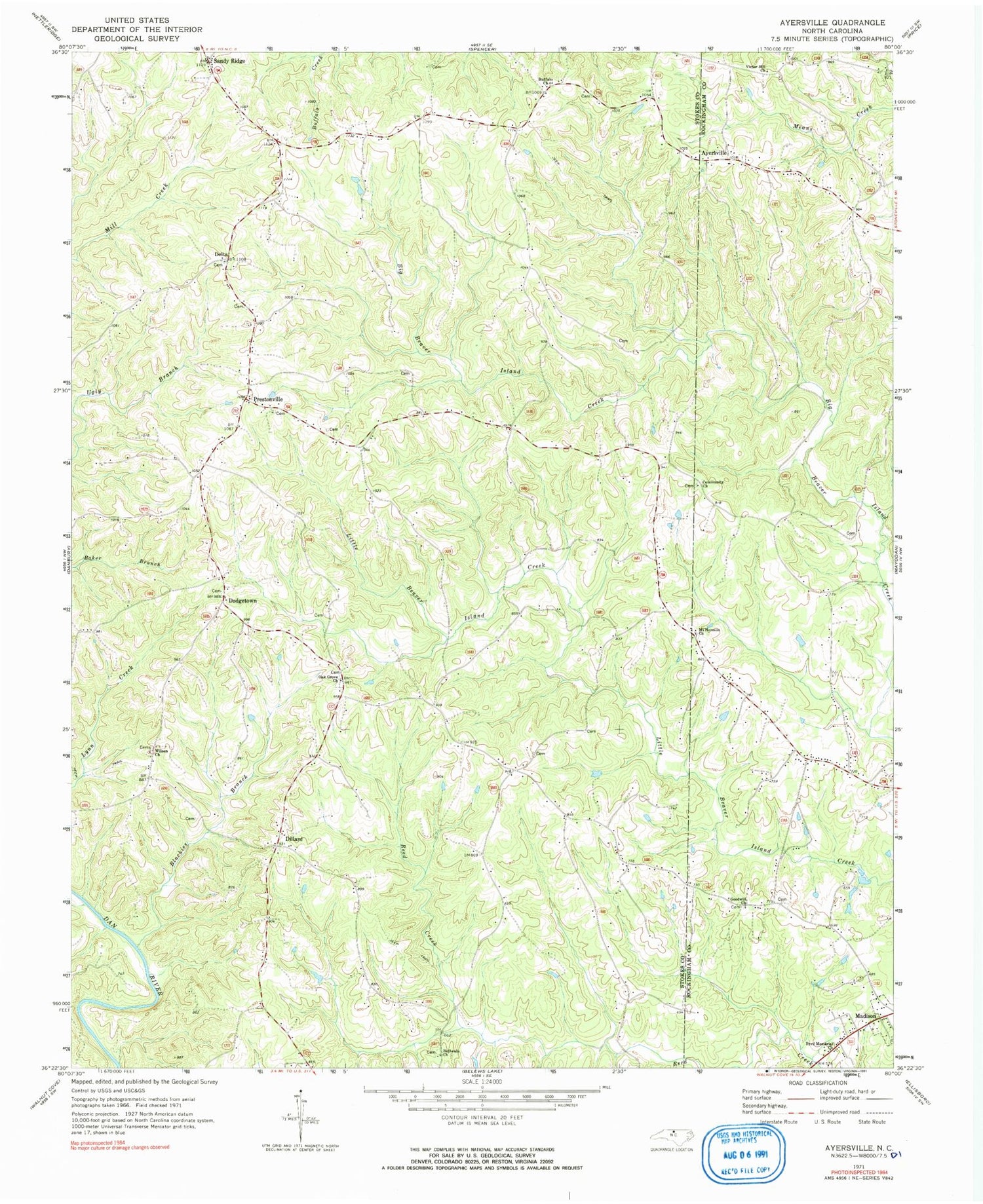 Classic USGS Ayersville North Carolina 7.5'x7.5' Topo Map Image