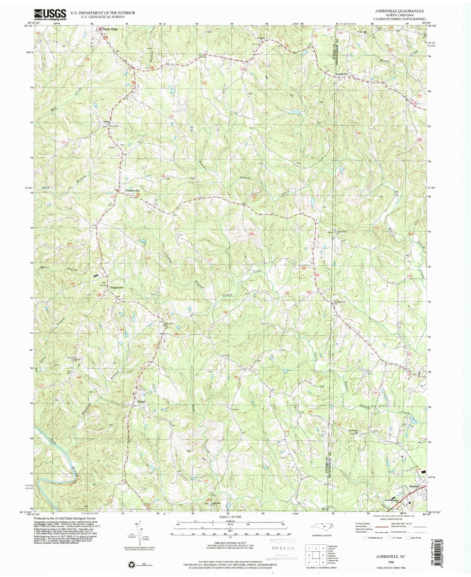 Classic USGS Ayersville North Carolina 7.5'x7.5' Topo Map Image