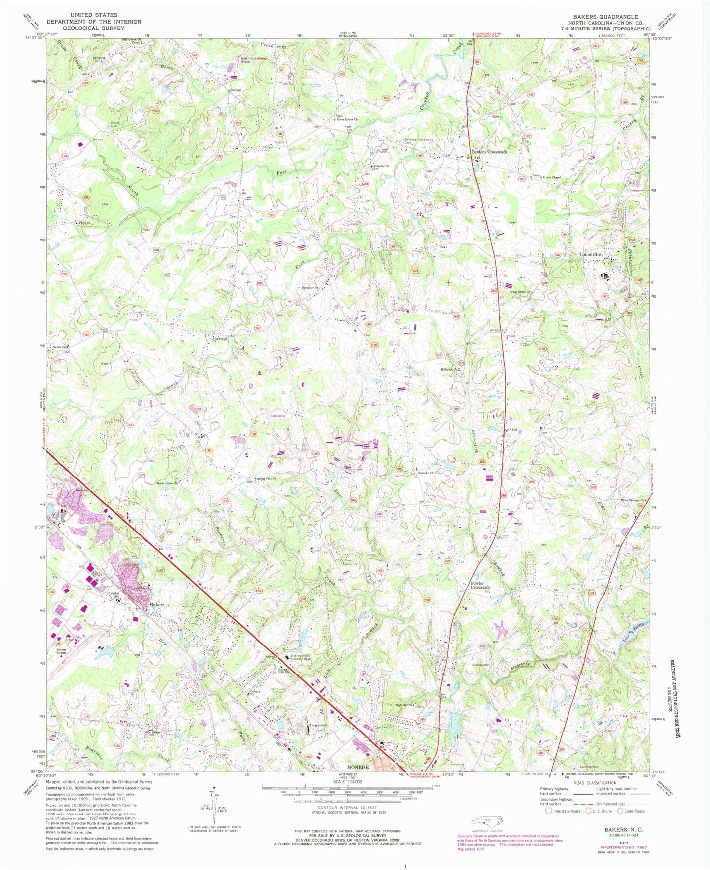 Classic USGS Bakers North Carolina 7.5'x7.5' Topo Map Image