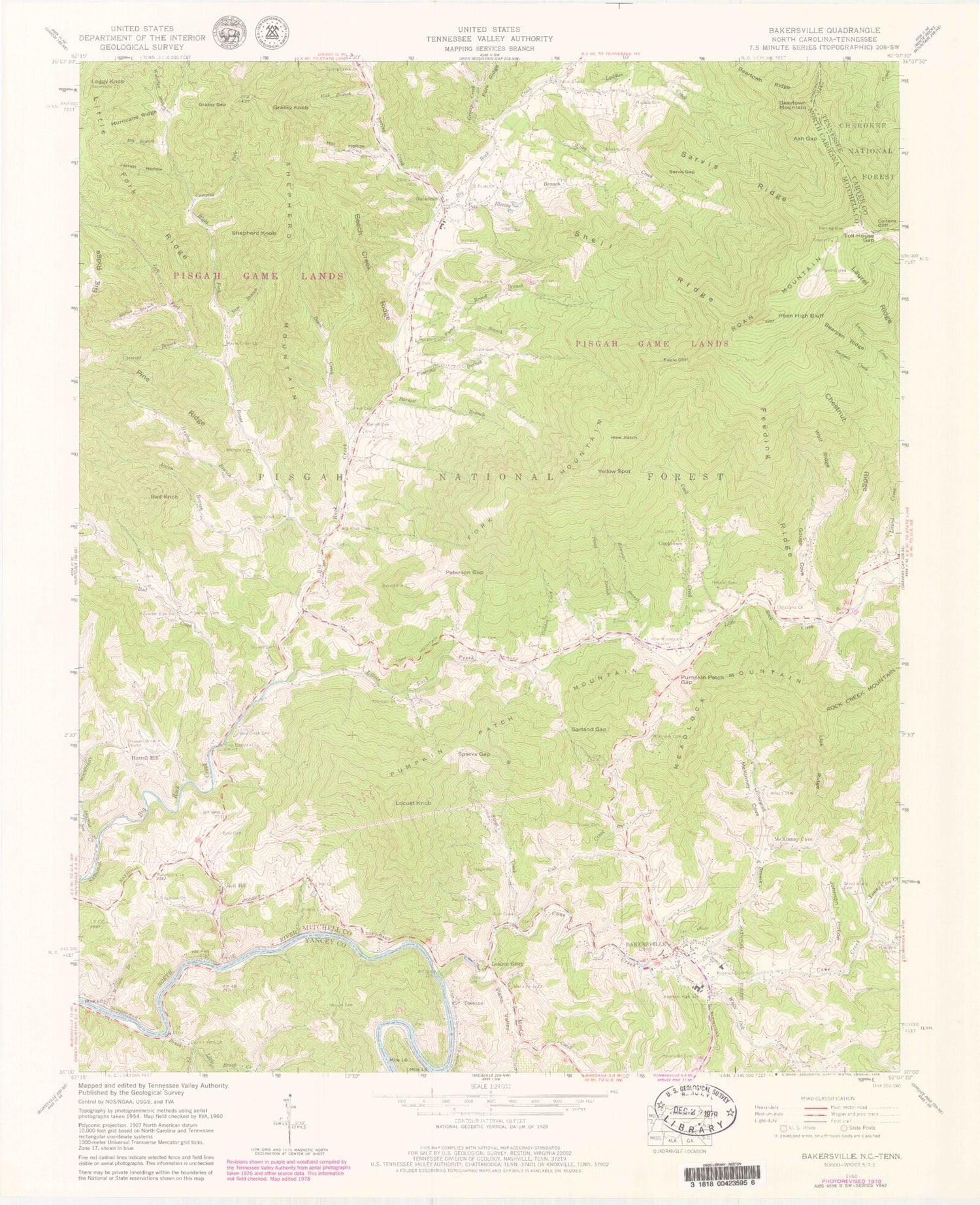 Classic USGS Bakersville North Carolina 7.5'x7.5' Topo Map Image