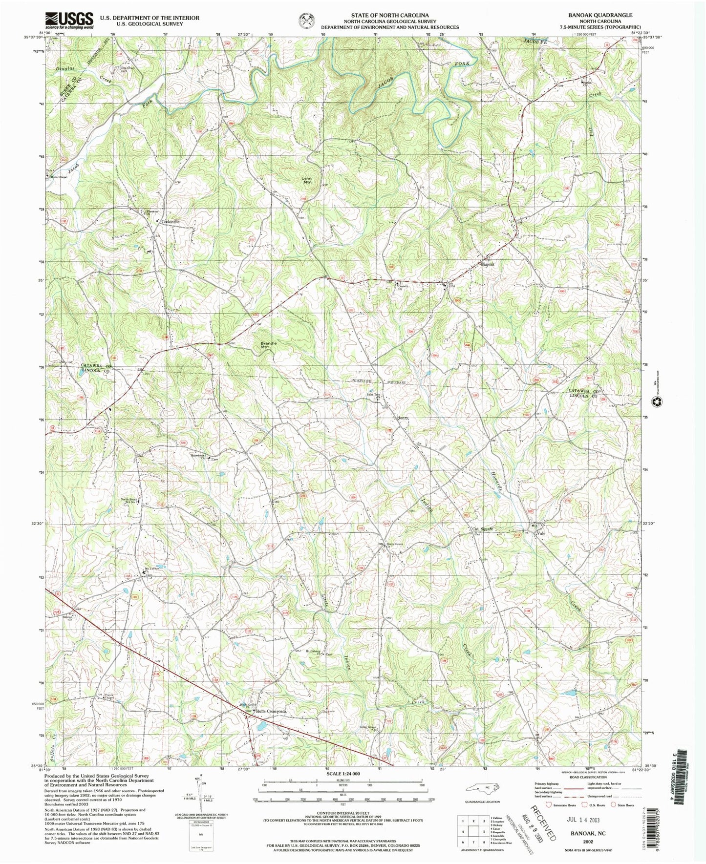 Classic USGS Banoak North Carolina 7.5'x7.5' Topo Map Image