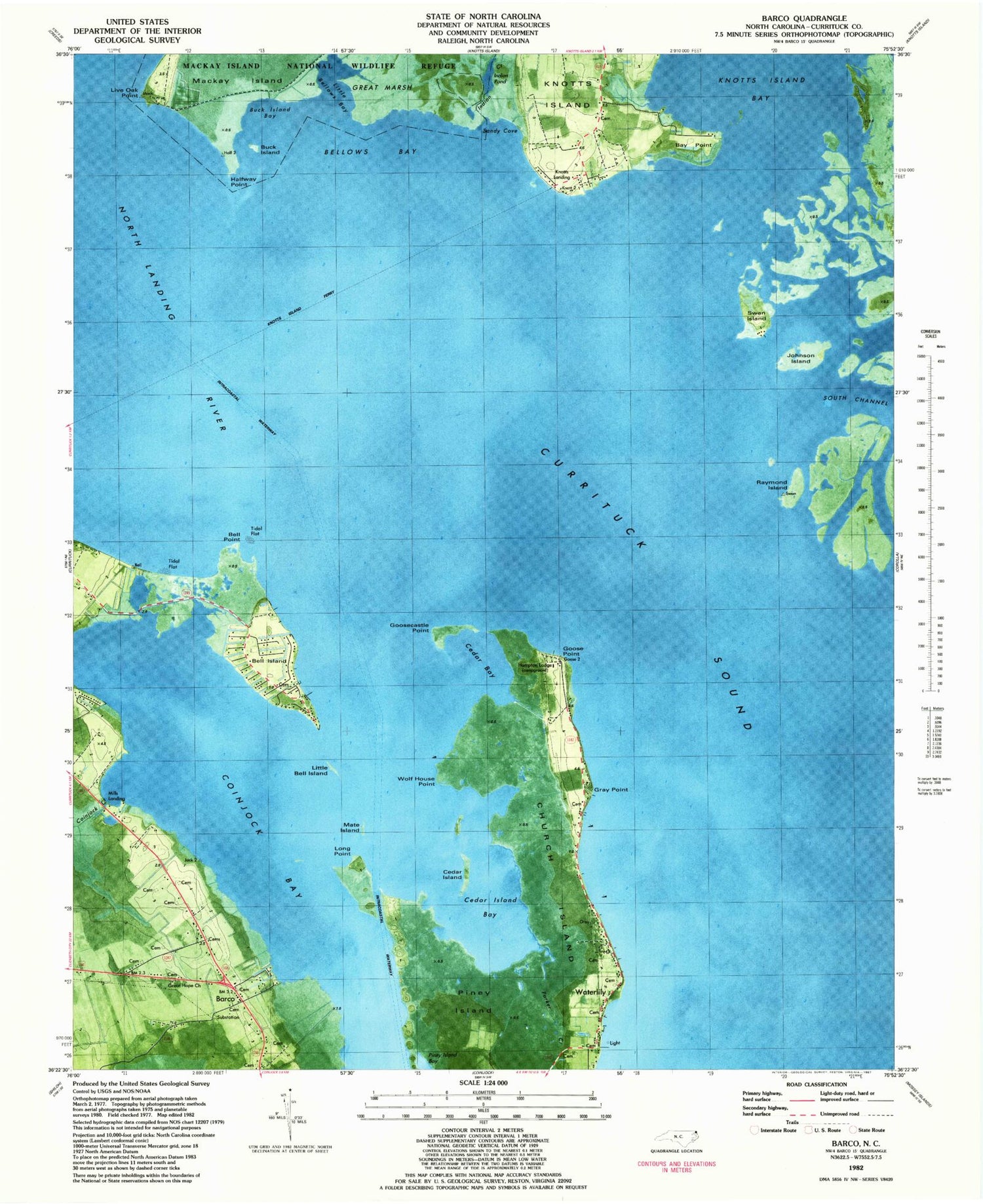 Classic USGS Barco North Carolina 7.5'x7.5' Topo Map Image