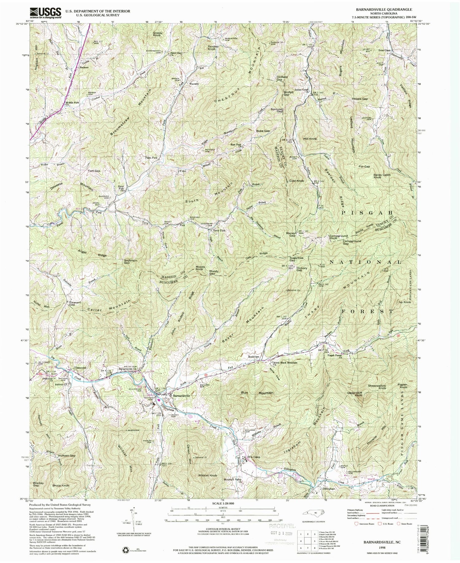 Classic USGS Barnardsville North Carolina 7.5'x7.5' Topo Map Image