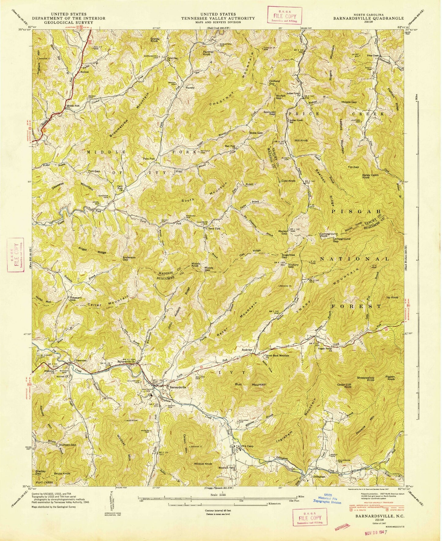 Classic USGS Barnardsville North Carolina 7.5'x7.5' Topo Map Image