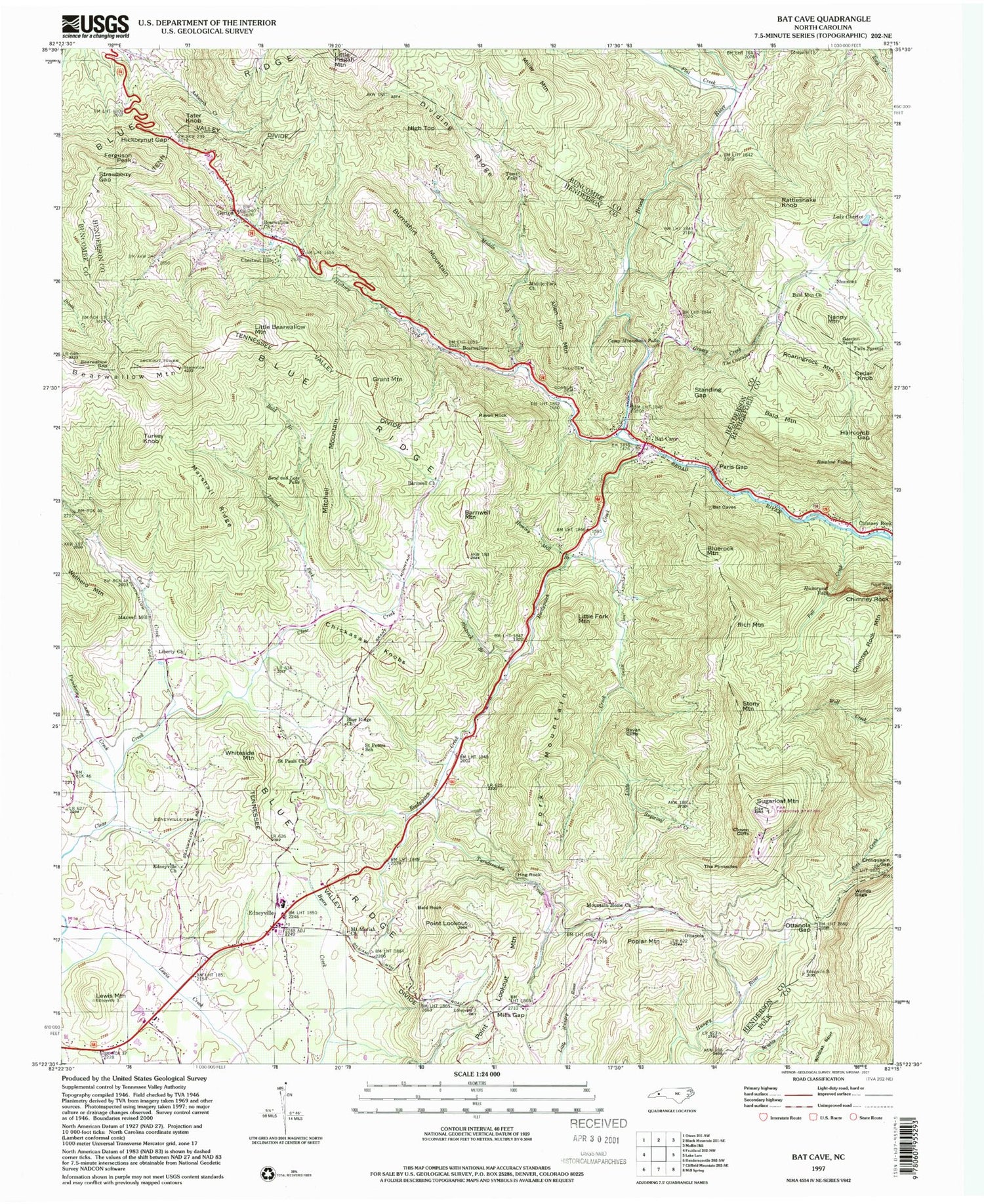 Classic USGS Bat Cave North Carolina 7.5'x7.5' Topo Map Image
