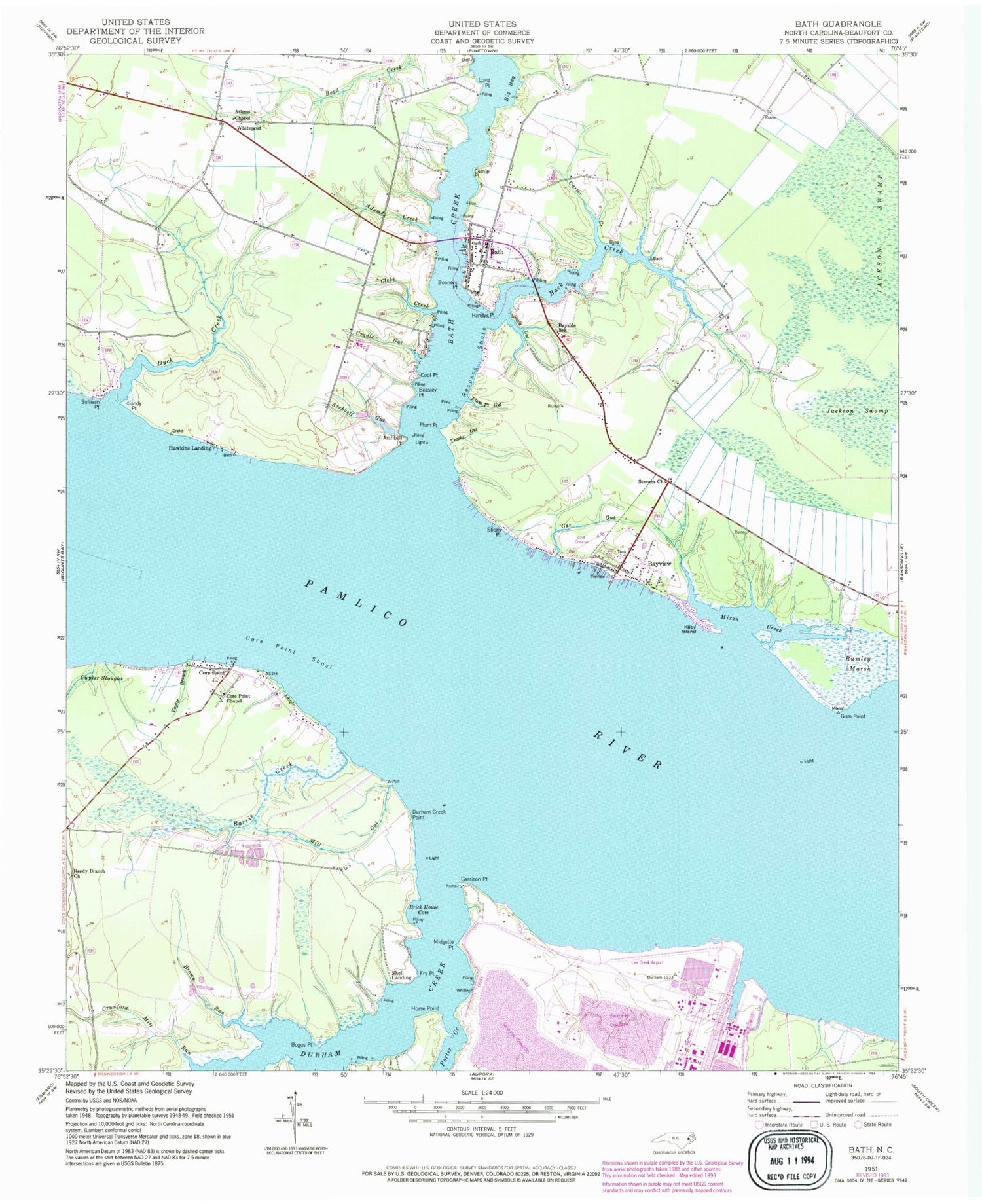 Classic USGS Bath North Carolina 7.5'x7.5' Topo Map Image