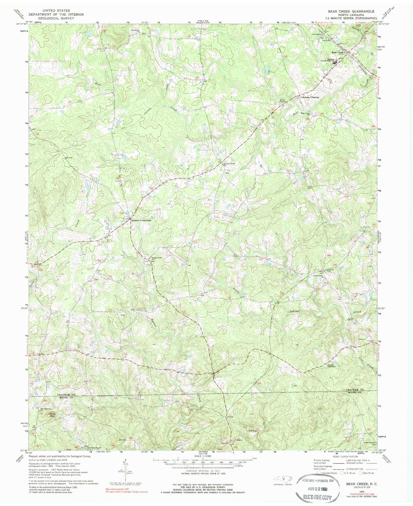 Classic USGS Bear Creek North Carolina 7.5'x7.5' Topo Map Image