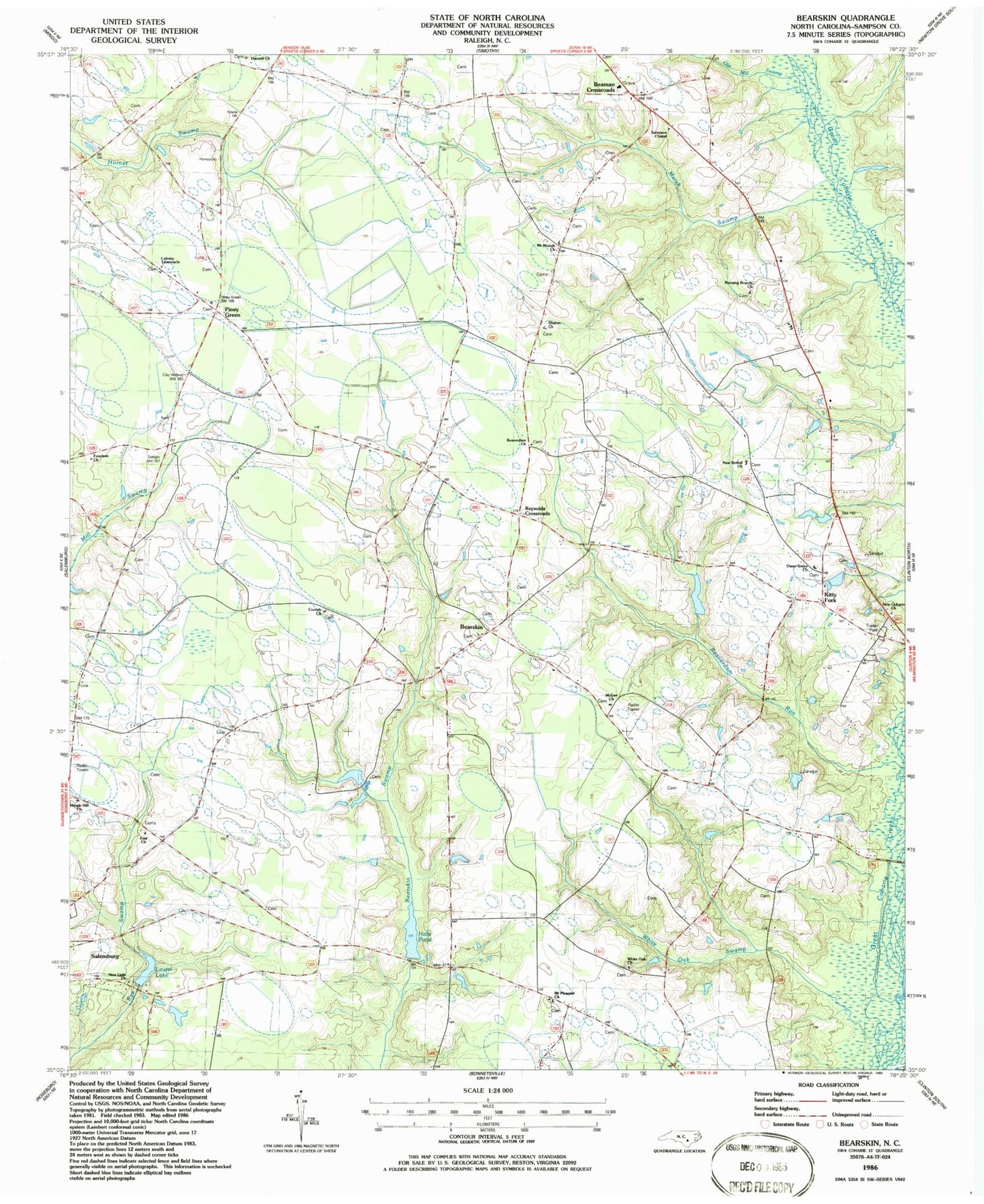Classic USGS Bearskin North Carolina 7.5'x7.5' Topo Map Image