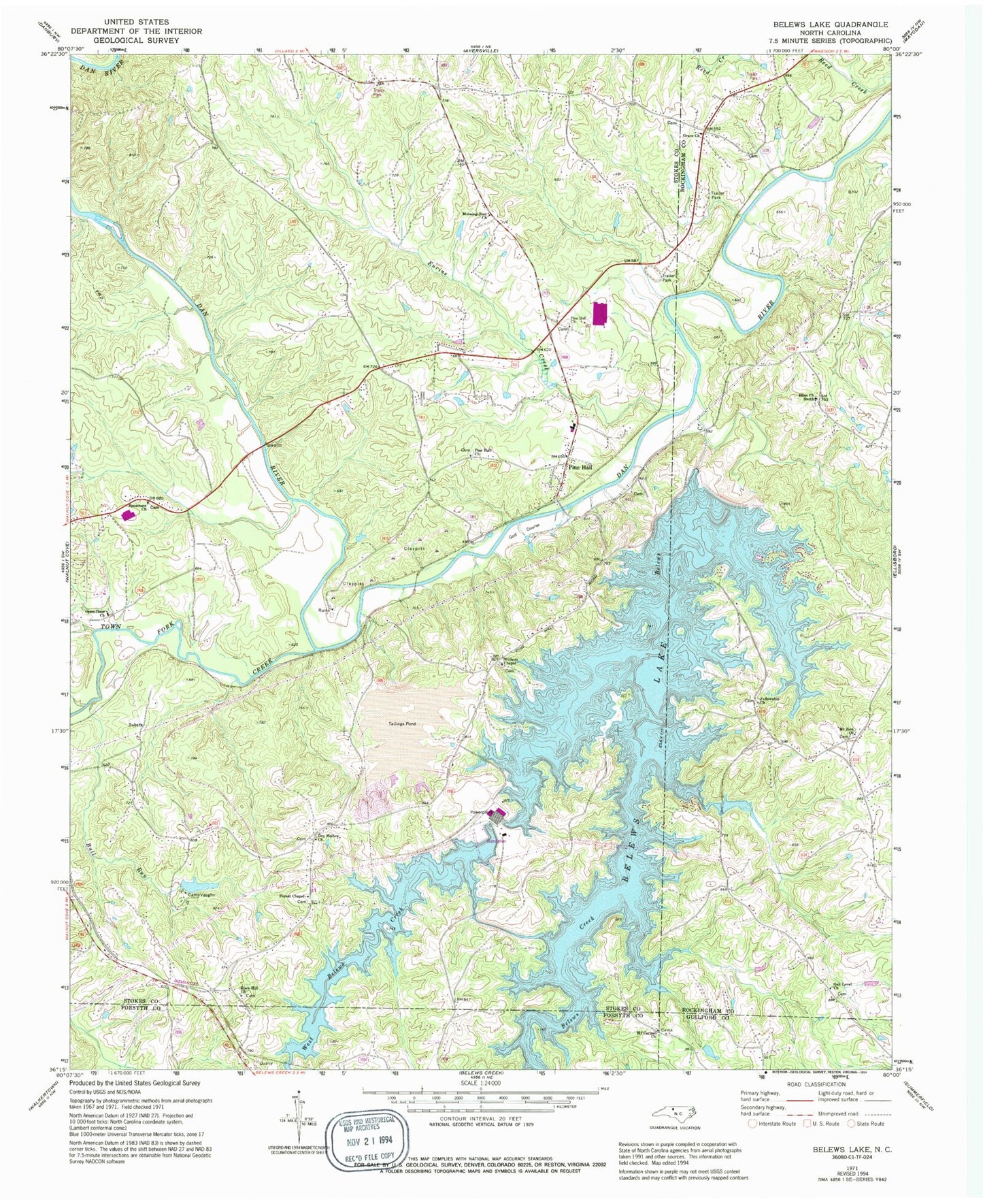 Classic USGS Belews Lake North Carolina 7.5'x7.5' Topo Map Image