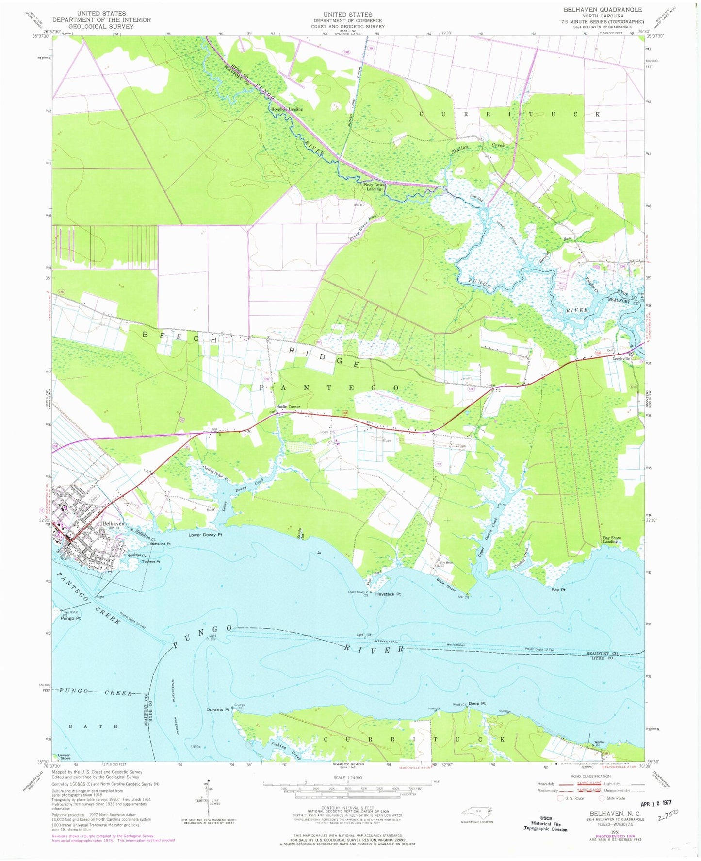 Classic USGS Belhaven North Carolina 7.5'x7.5' Topo Map Image