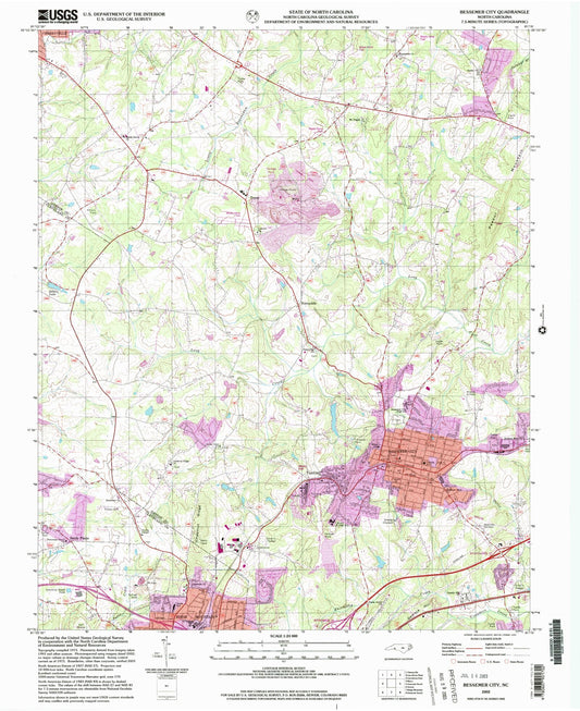 Classic USGS Bessemer City North Carolina 7.5'x7.5' Topo Map Image