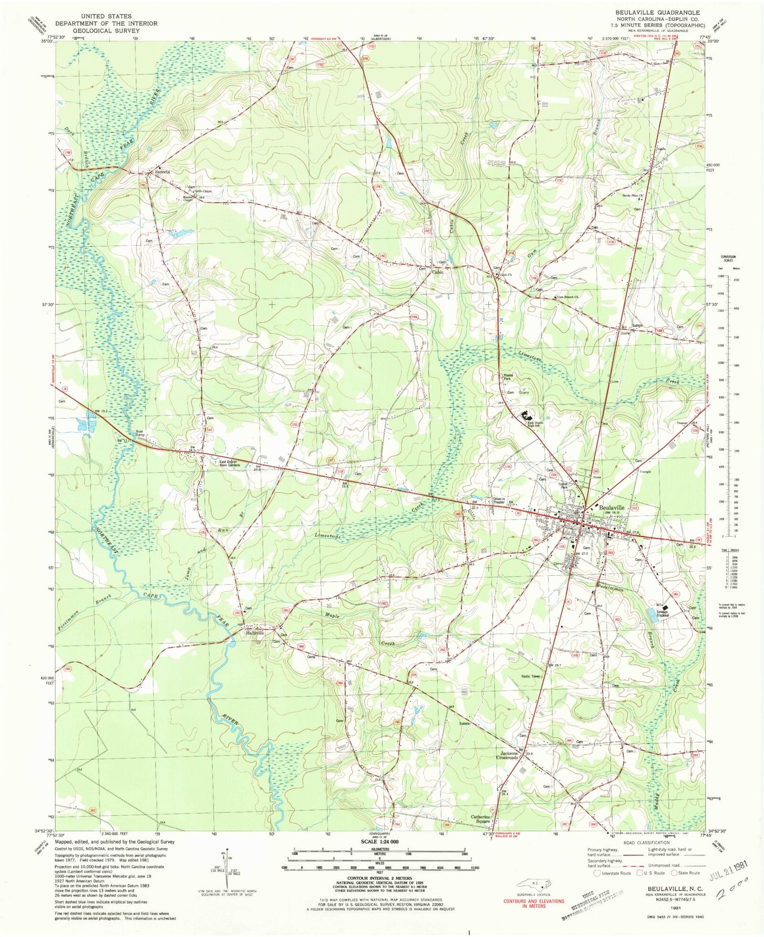 Classic USGS Beulaville North Carolina 7.5'x7.5' Topo Map Image