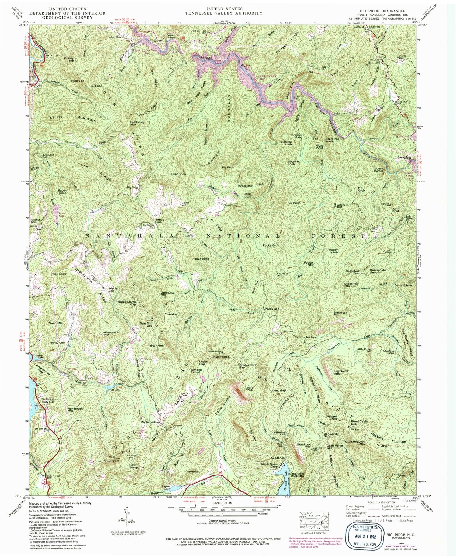 USGS Classic Big Ridge North Carolina 7.5'x7.5' Topo Map Image