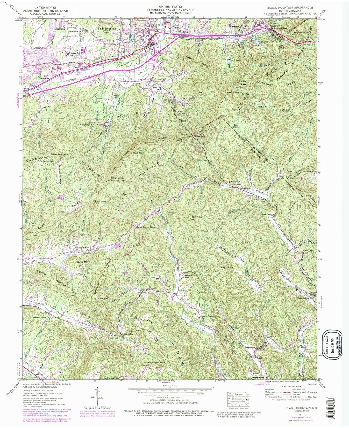 Classic USGS Black Mountain North Carolina 7.5'x7.5' Topo Map Image