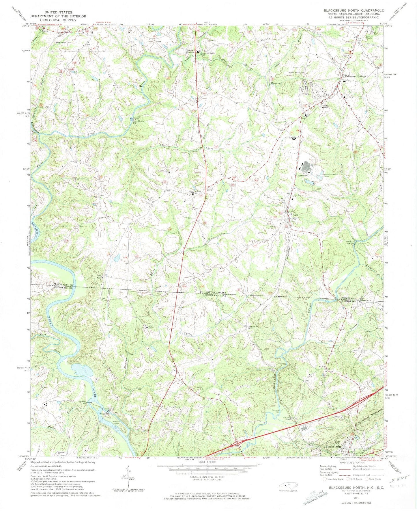 Classic USGS Blacksburg North South Carolina 7.5'x7.5' Topo Map Image