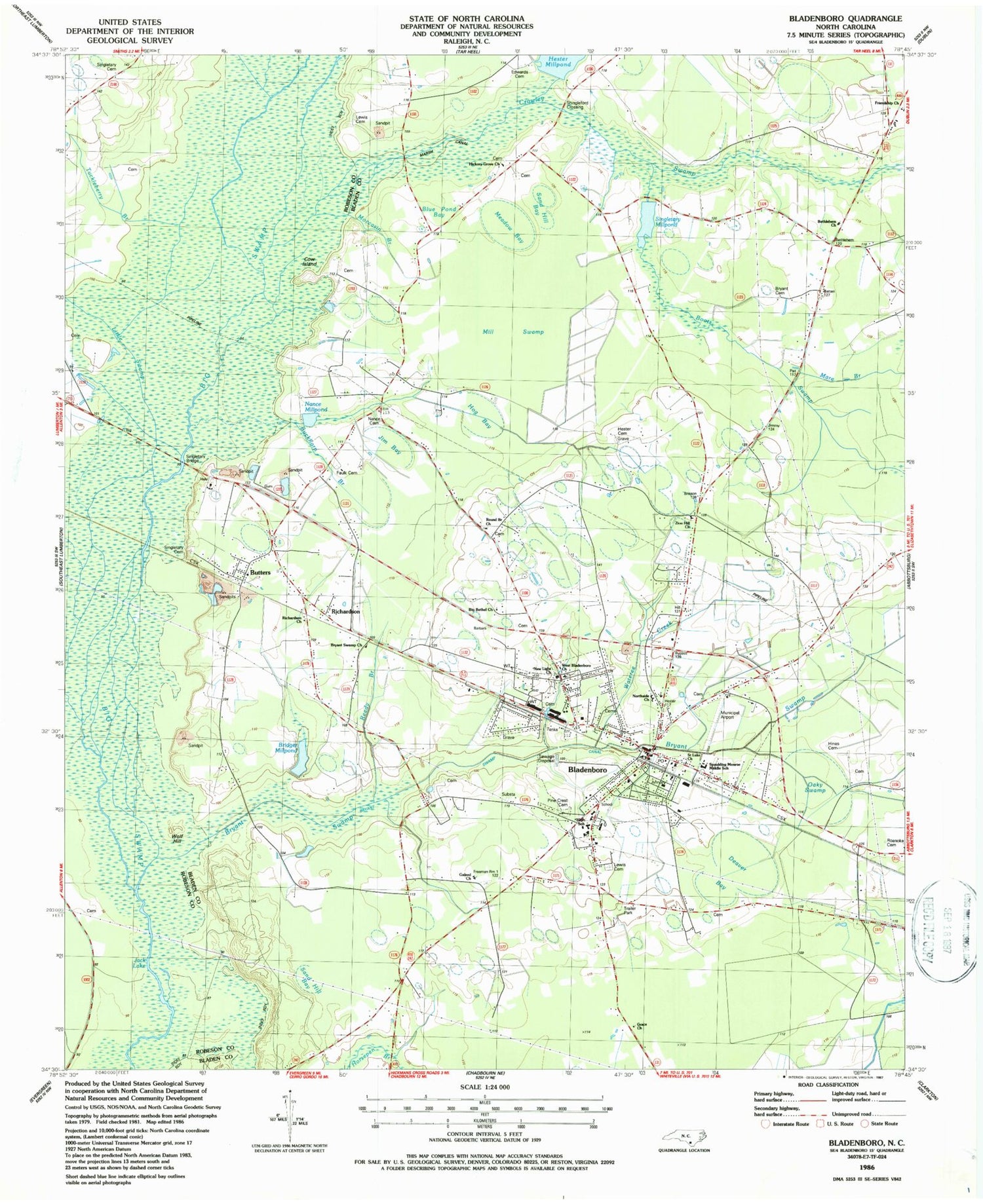 Classic USGS Bladenboro North Carolina 7.5'x7.5' Topo Map Image