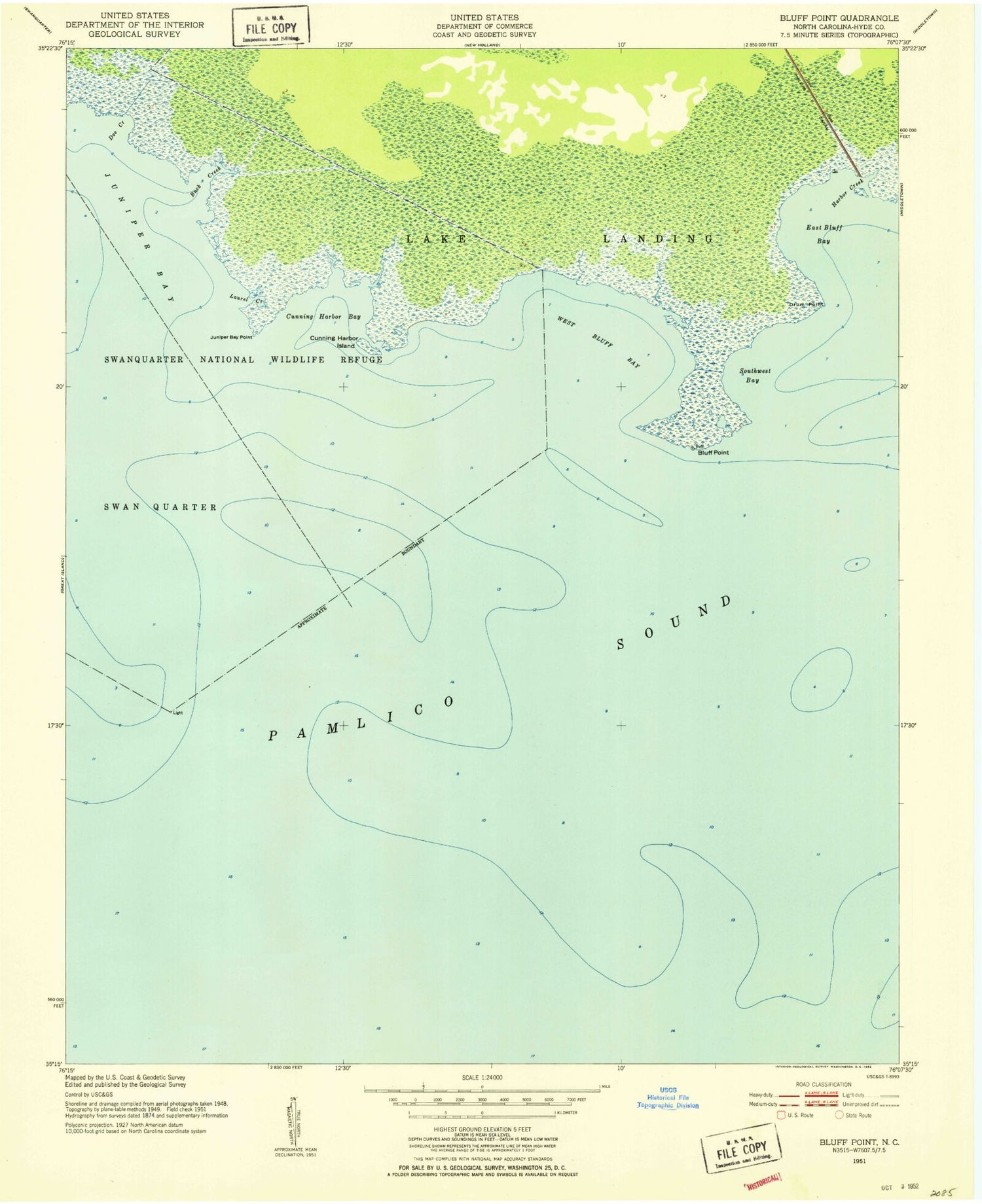 Classic USGS Bluff Point North Carolina 7.5'x7.5' Topo Map Image