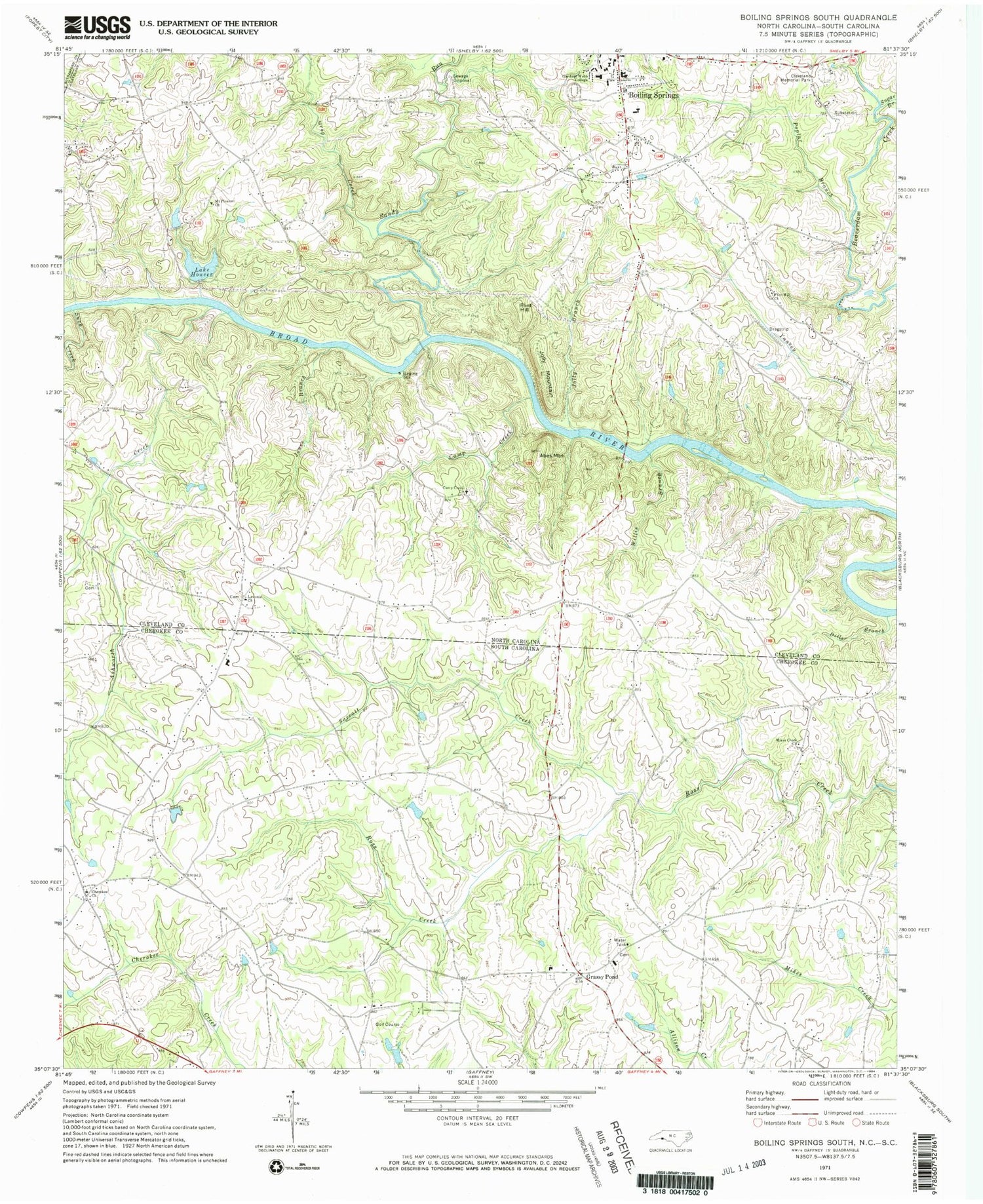 Classic USGS Boiling Springs South North Carolina 7.5'x7.5' Topo Map Image