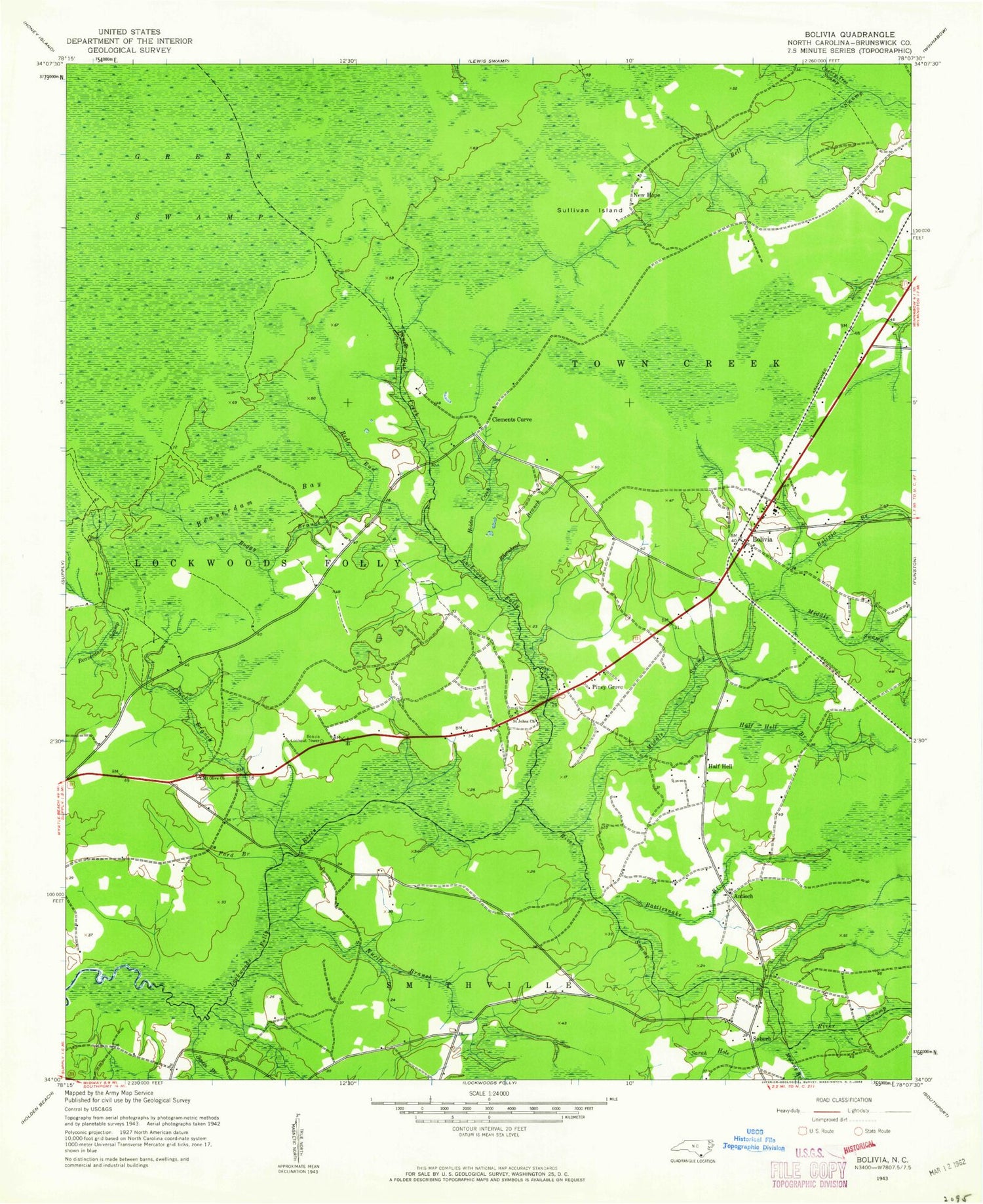 Classic USGS Bolivia North Carolina 7.5'x7.5' Topo Map Image