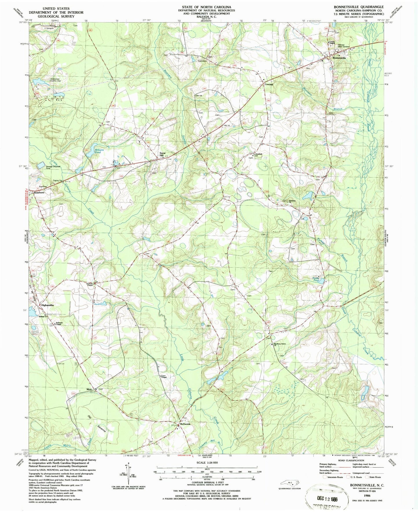 Classic USGS Bonnetsville North Carolina 7.5'x7.5' Topo Map Image