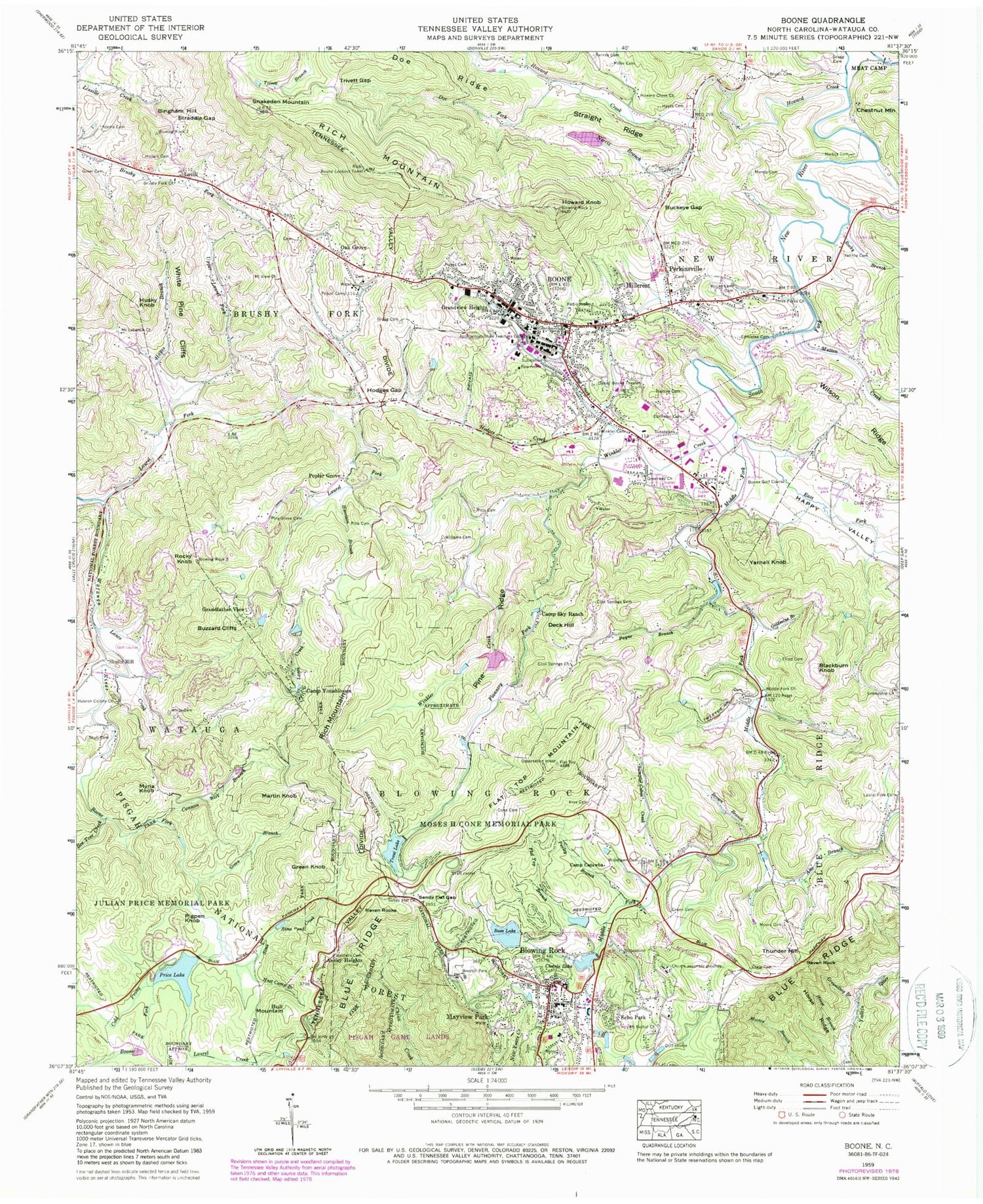 USGS Classic Boone North Carolina 7.5'x7.5' Topo Map Image