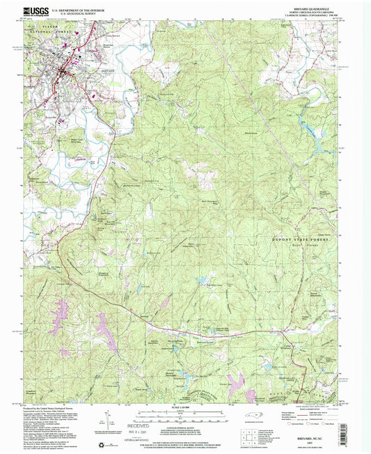 Classic USGS Brevard North Carolina 7.5'x7.5' Topo Map Image