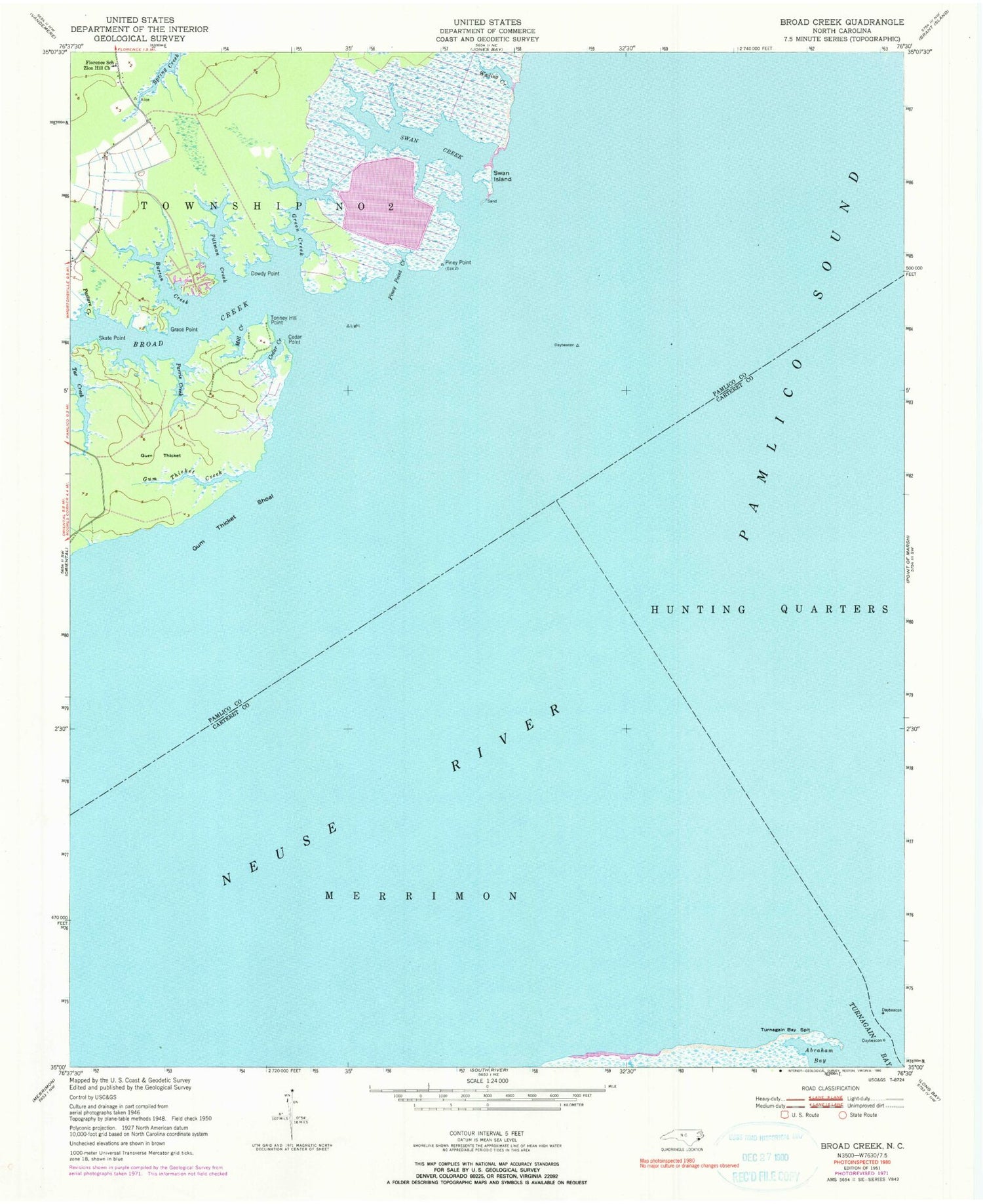 Classic USGS Broad Creek North Carolina 7.5'x7.5' Topo Map Image
