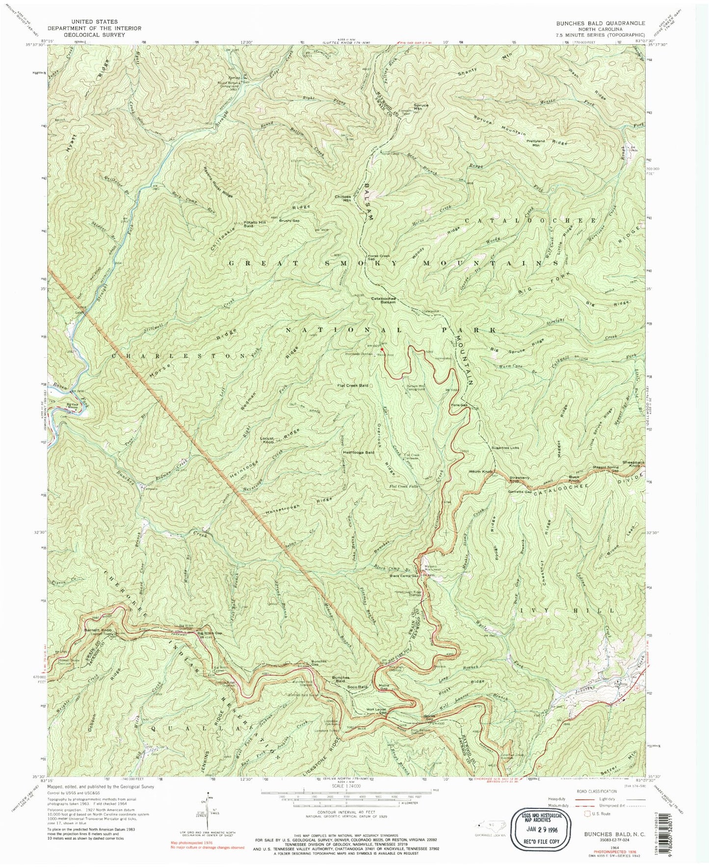 Classic USGS Bunches Bald North Carolina 7.5'x7.5' Topo Map Image