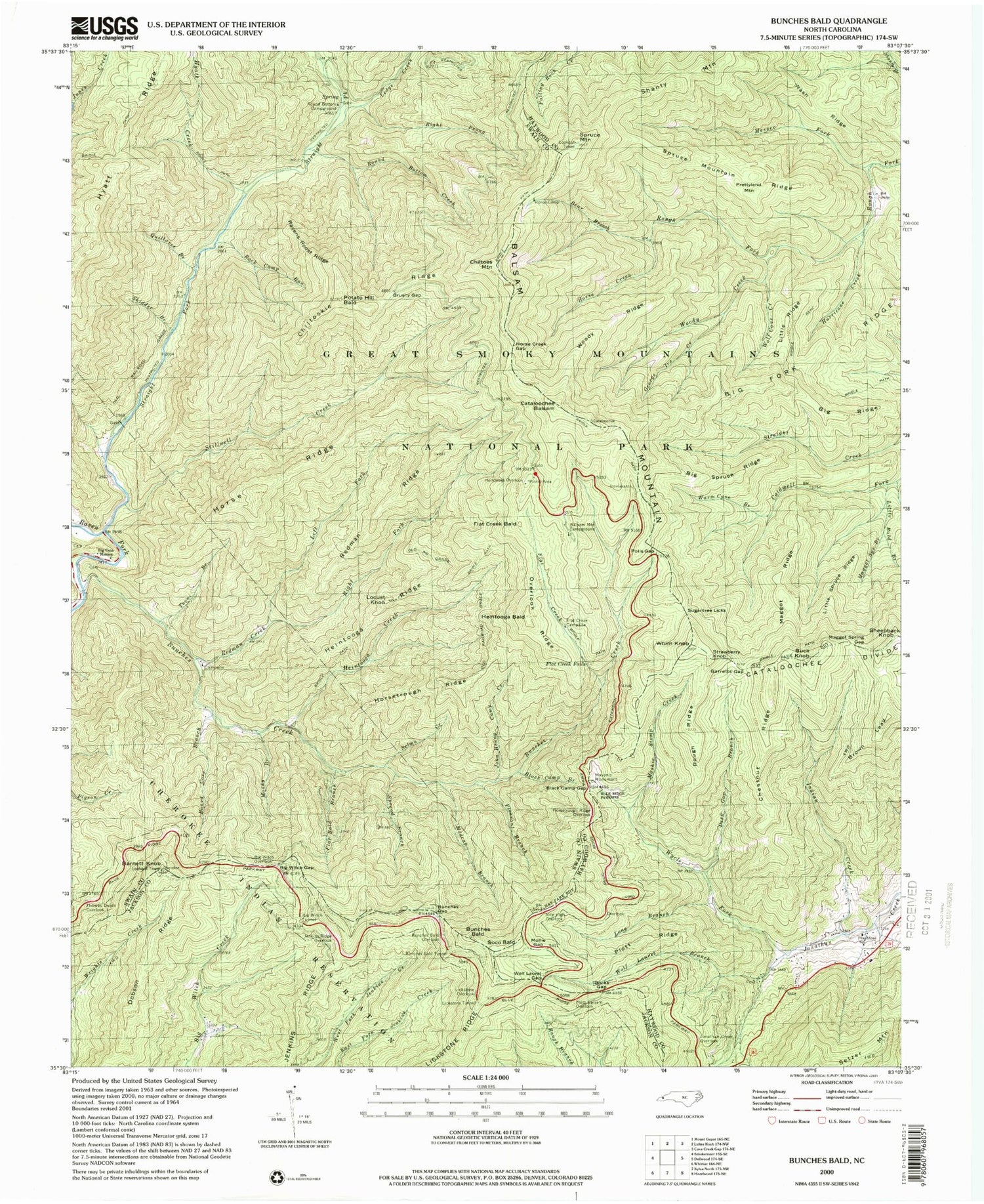 Classic USGS Bunches Bald North Carolina 7.5'x7.5' Topo Map Image