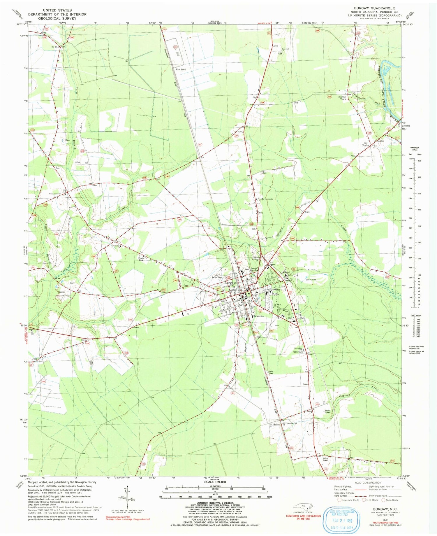 Classic USGS Burgaw North Carolina 7.5'x7.5' Topo Map Image