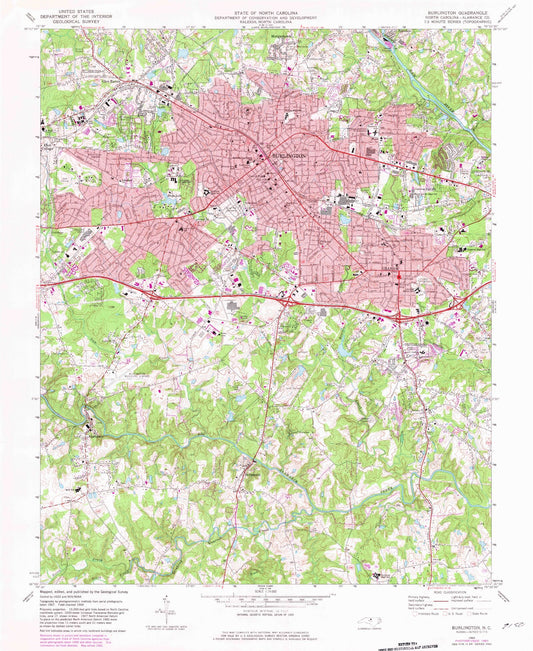 Classic USGS Burlington North Carolina 7.5'x7.5' Topo Map Image