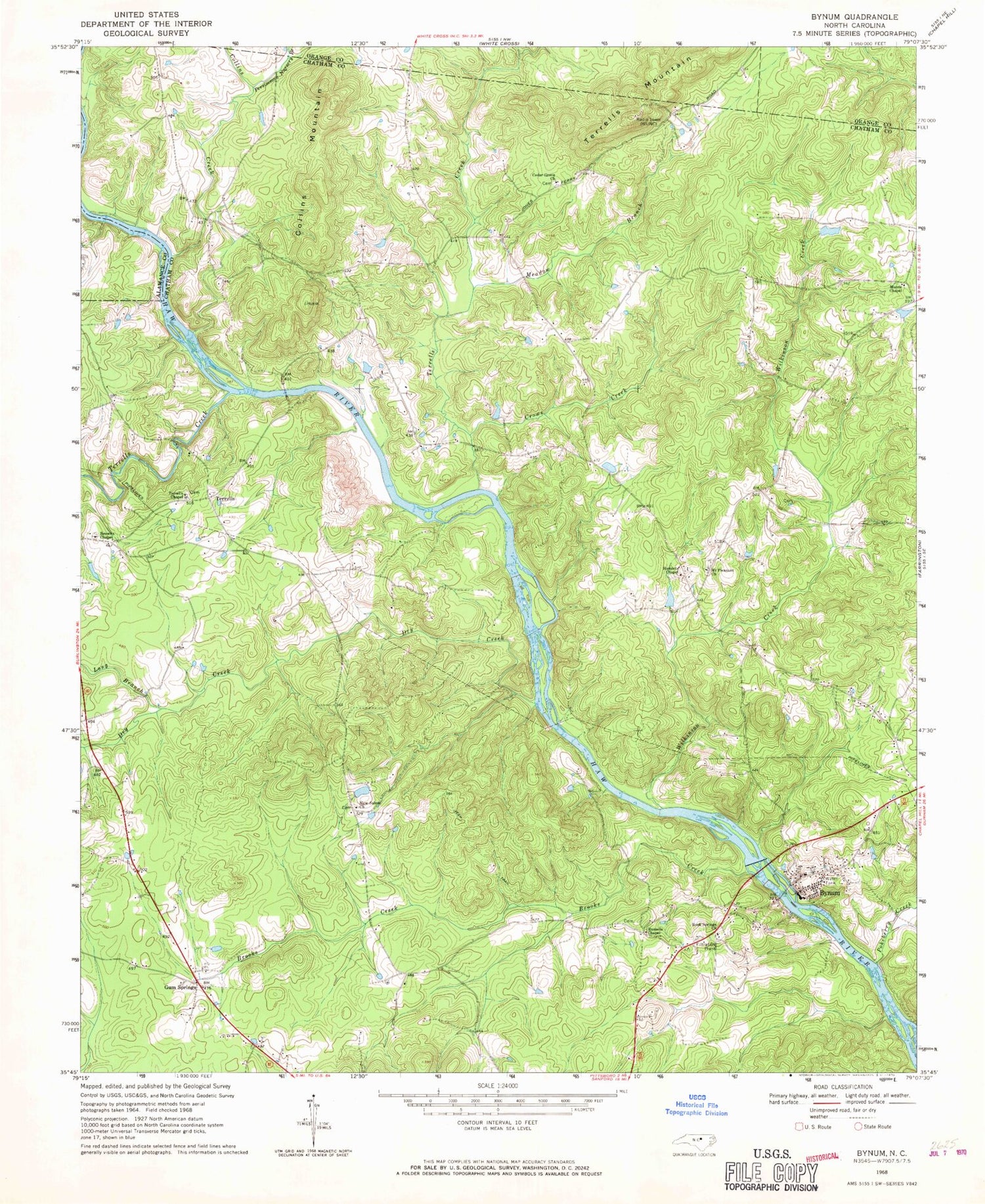 Classic USGS Bynum North Carolina 7.5'x7.5' Topo Map Image