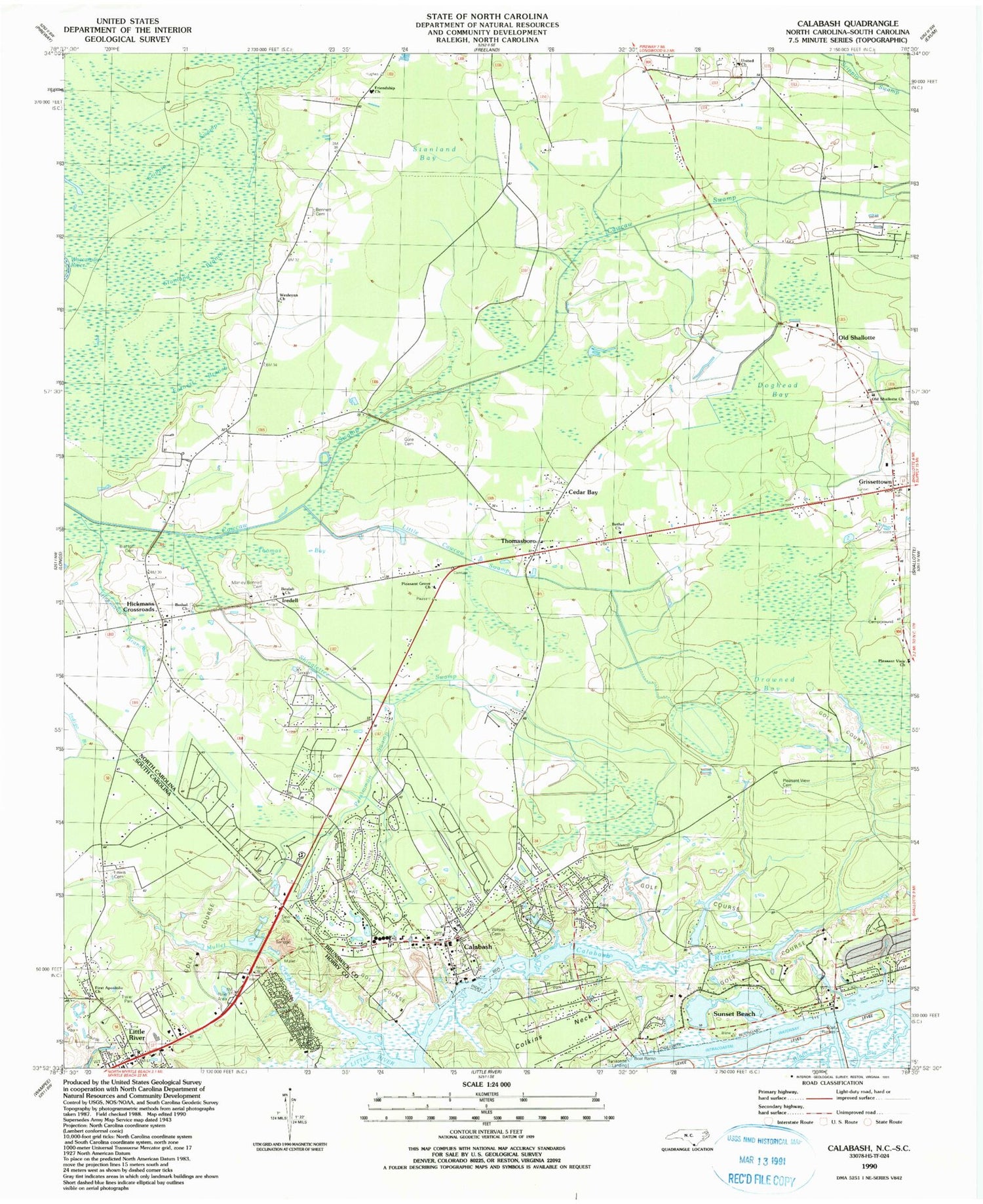 Classic USGS Calabash North Carolina 7.5'x7.5' Topo Map Image