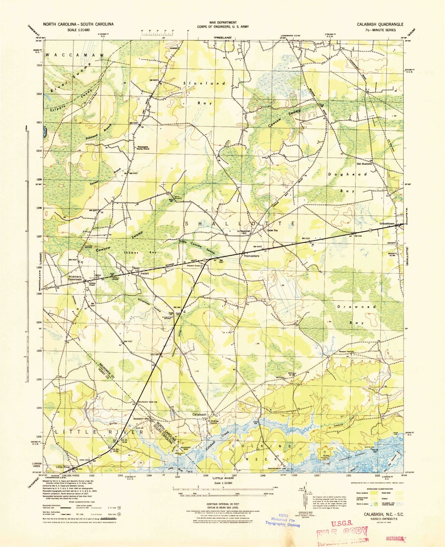 Classic USGS Calabash North Carolina 7.5'x7.5' Topo Map Image