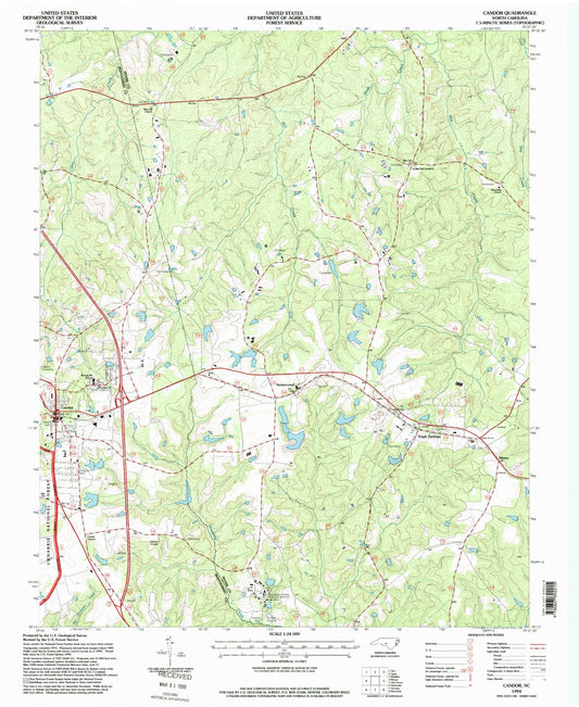 Classic USGS Candor North Carolina 7.5'x7.5' Topo Map Image