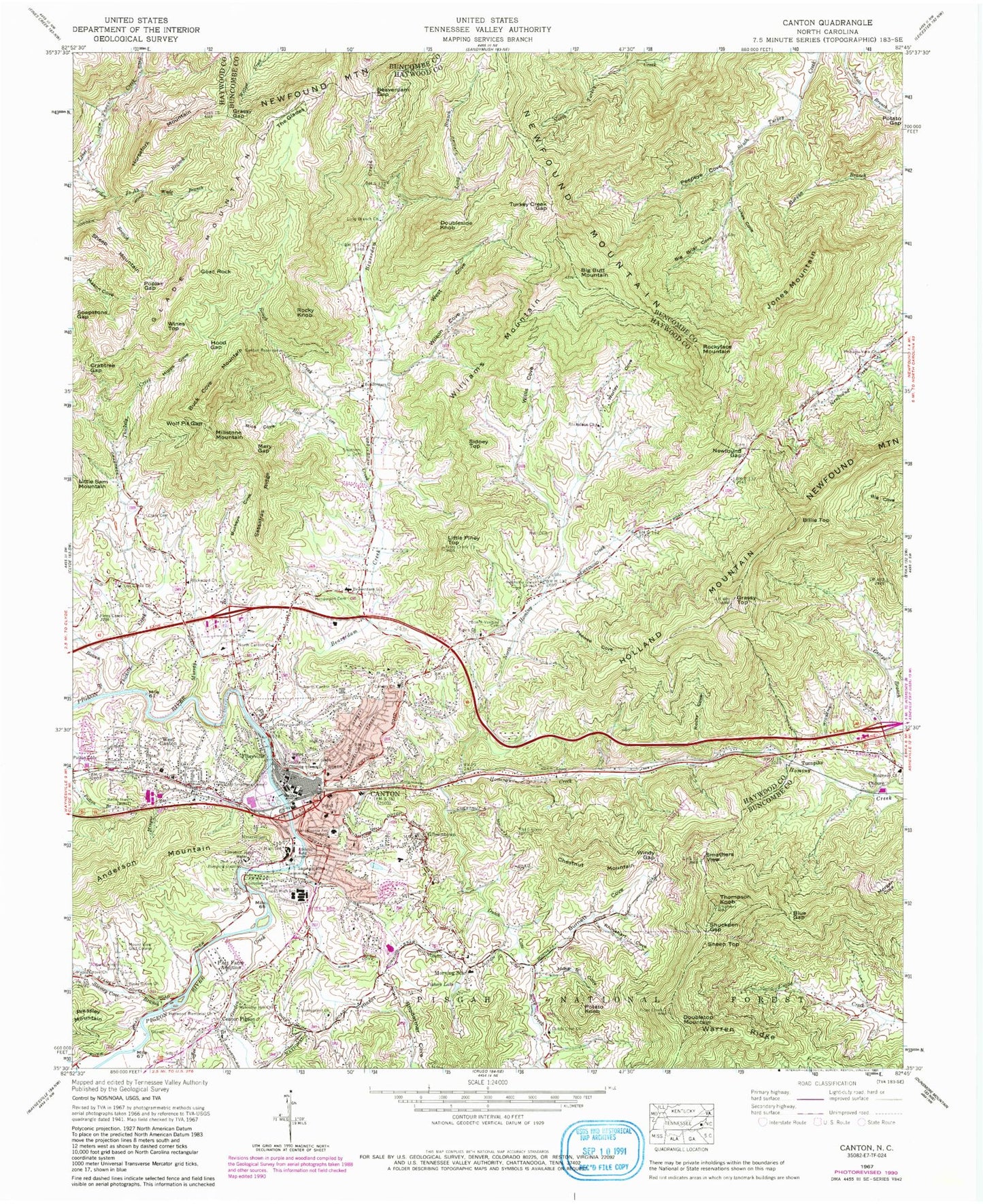 Classic USGS Canton North Carolina 7.5'x7.5' Topo Map Image