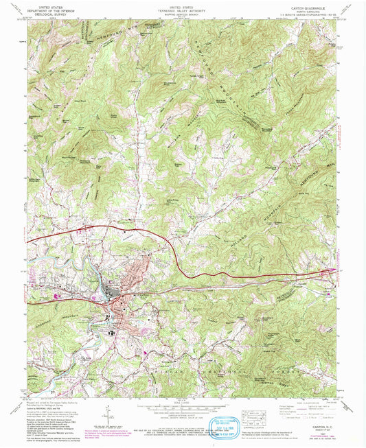 Classic USGS Canton North Carolina 7.5'x7.5' Topo Map Image