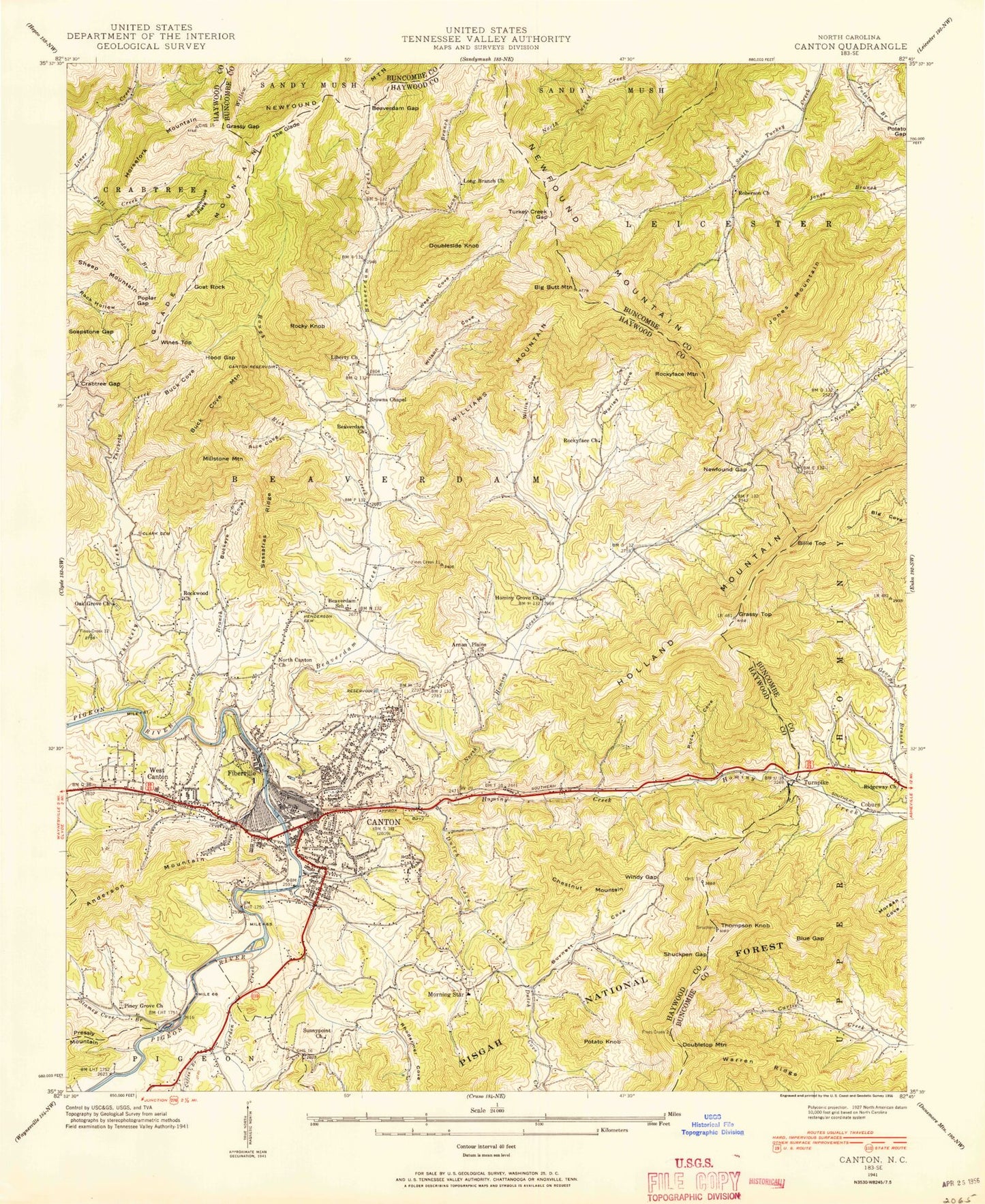 Classic USGS Canton North Carolina 7.5'x7.5' Topo Map Image