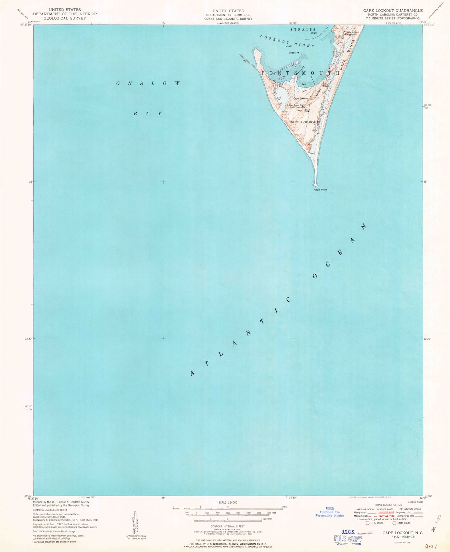Classic USGS Cape Lookout North Carolina 7.5'x7.5' Topo Map Image